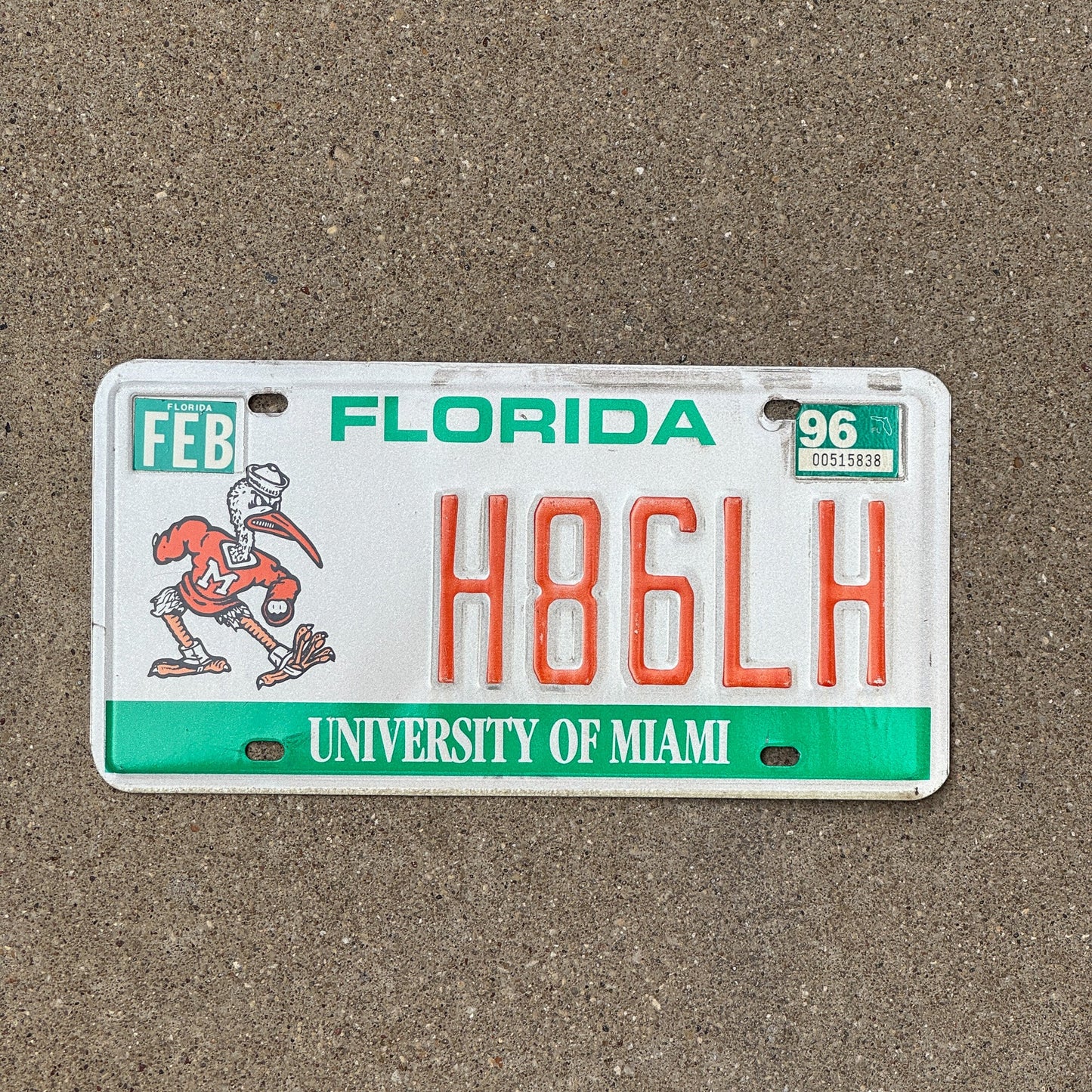 Photo of a 1989 1996 Florida Graphic / Specialty License Plate Auto Tag Garage Decor Vintage University of Miami H 86 LH