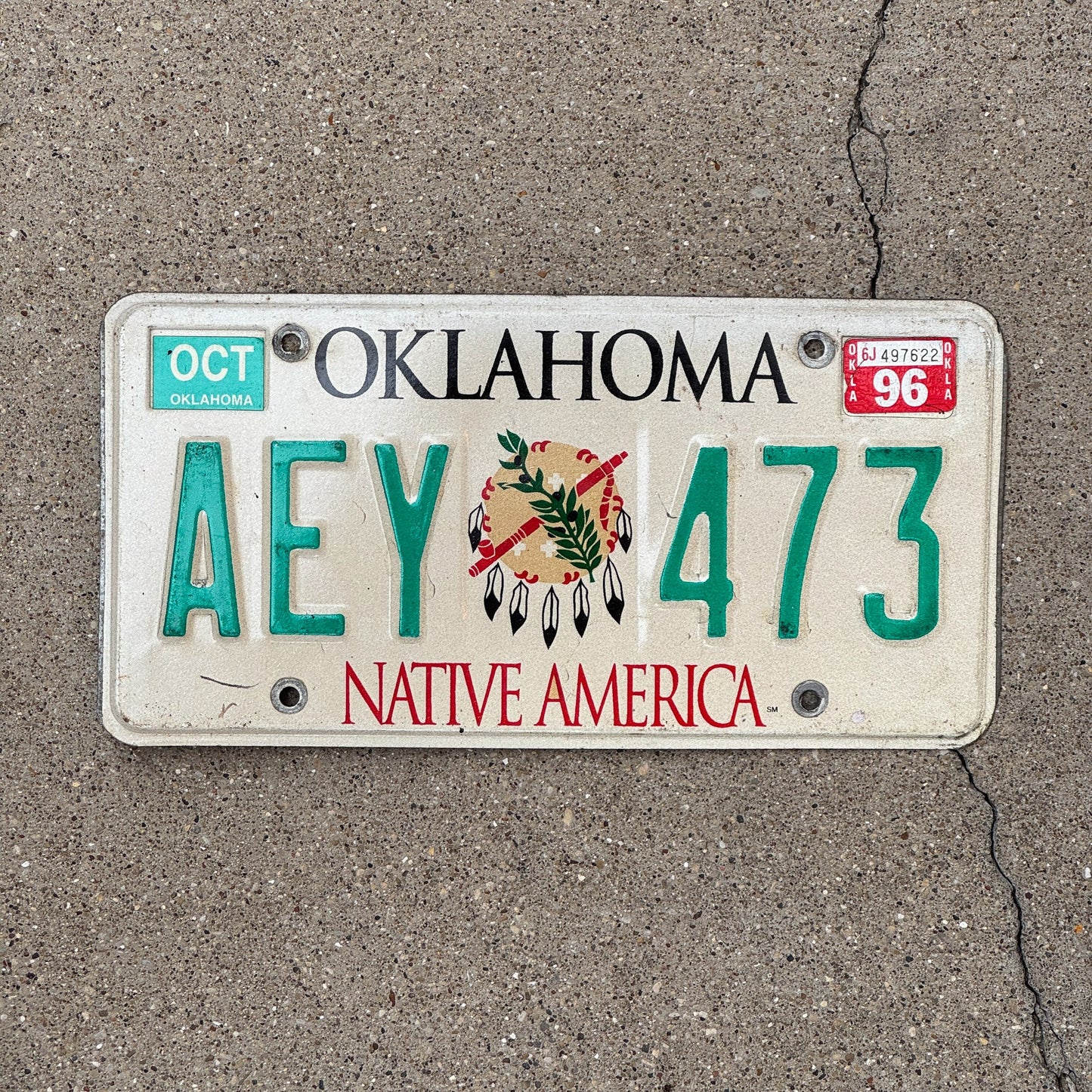Photo of a 1989 1996 Oklahoma License Plate Auto Tag Garage Decor Vintage Native America AEY 473