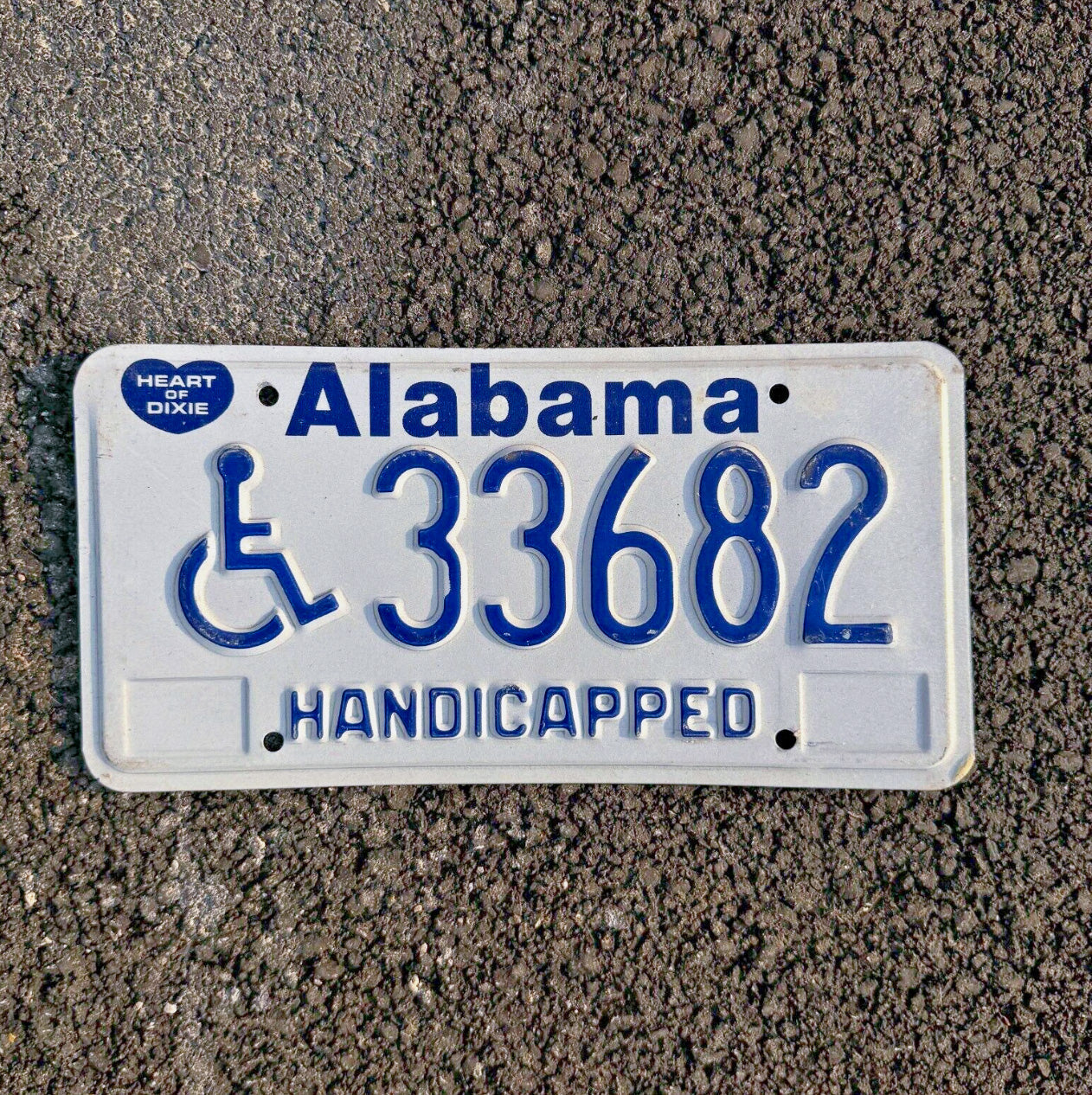 Photo of a 1989 Alabama Handicap Disabled License Plate Auto Tag Garage Decor Vintage Heart of Dixie 33682