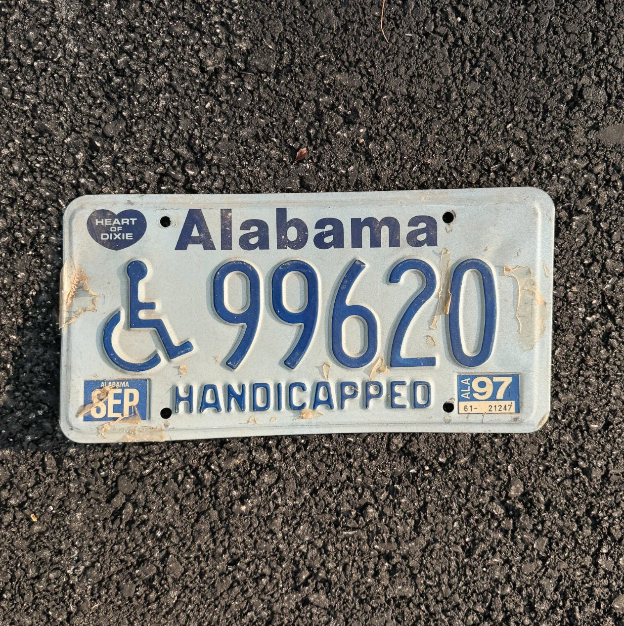 Photo of a 1989 Alabama Handicap Disabled License Plate Auto Tag Garage Decor Vintage Heart of Dixie 99620