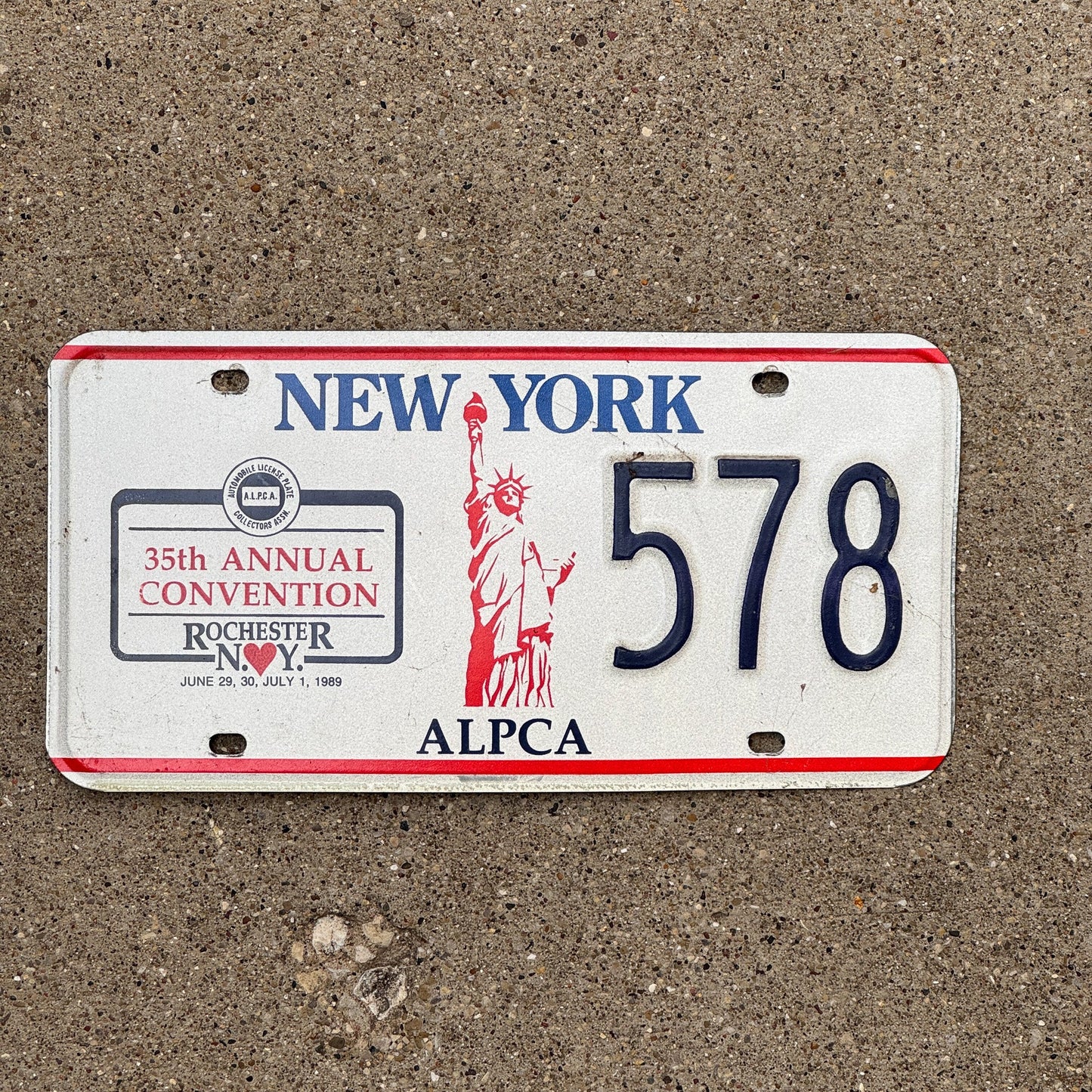 Photo of a 1989 New York License Plate Auto Tag Garage Decor Vintage Rochester ALPCA Convention 578