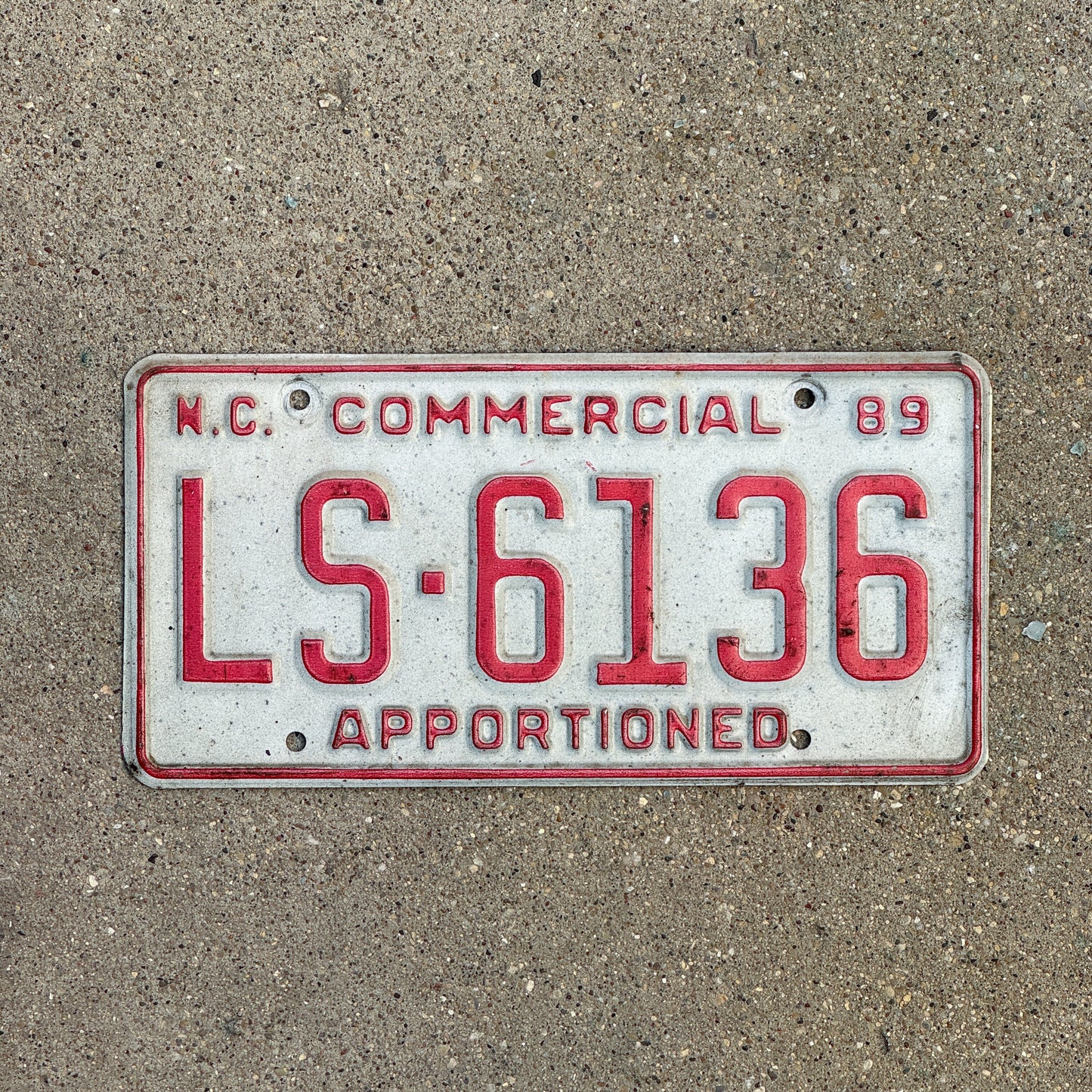 Photo of a 1989 North Carolina Apportioned License Plate Auto Tag Garage Decor Vintage LS 6136 with original patina