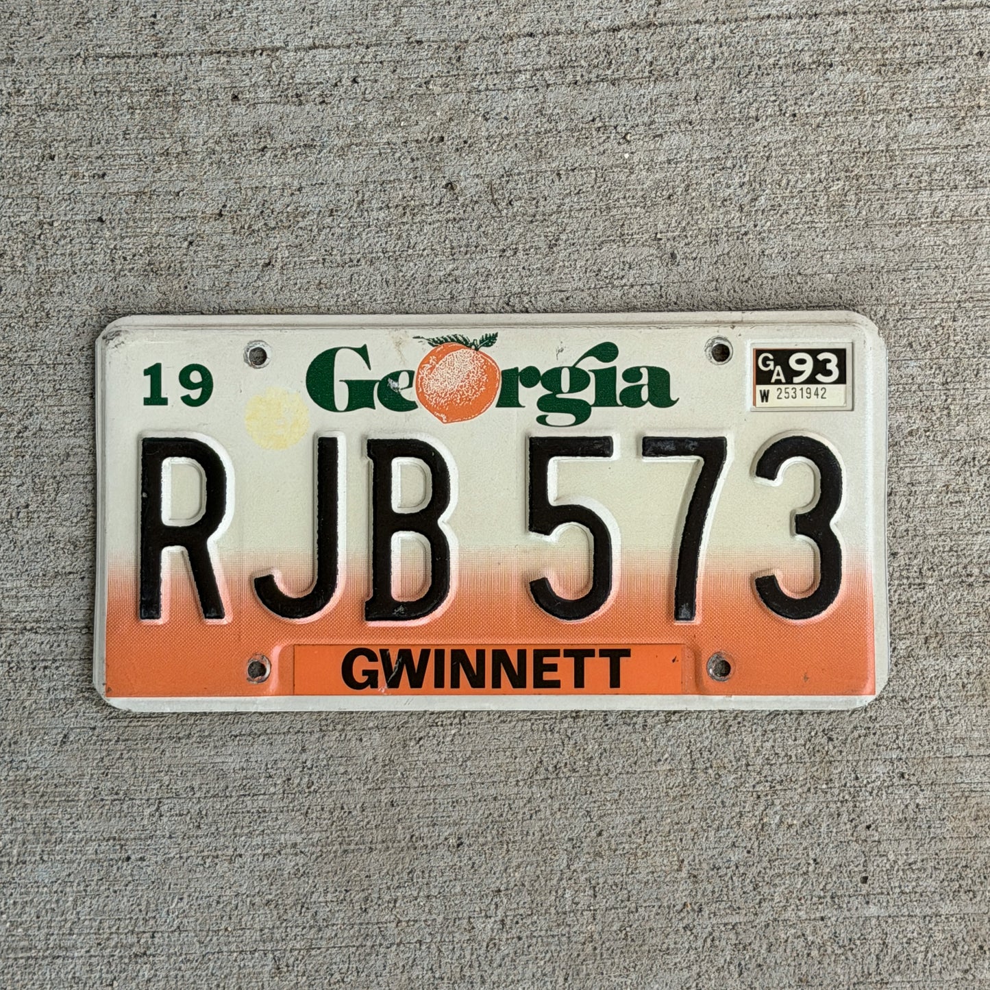Photo of a 1990 1993 Georgia License Plate Auto Tag Garage Decor Vintage RJB 573 with original patina