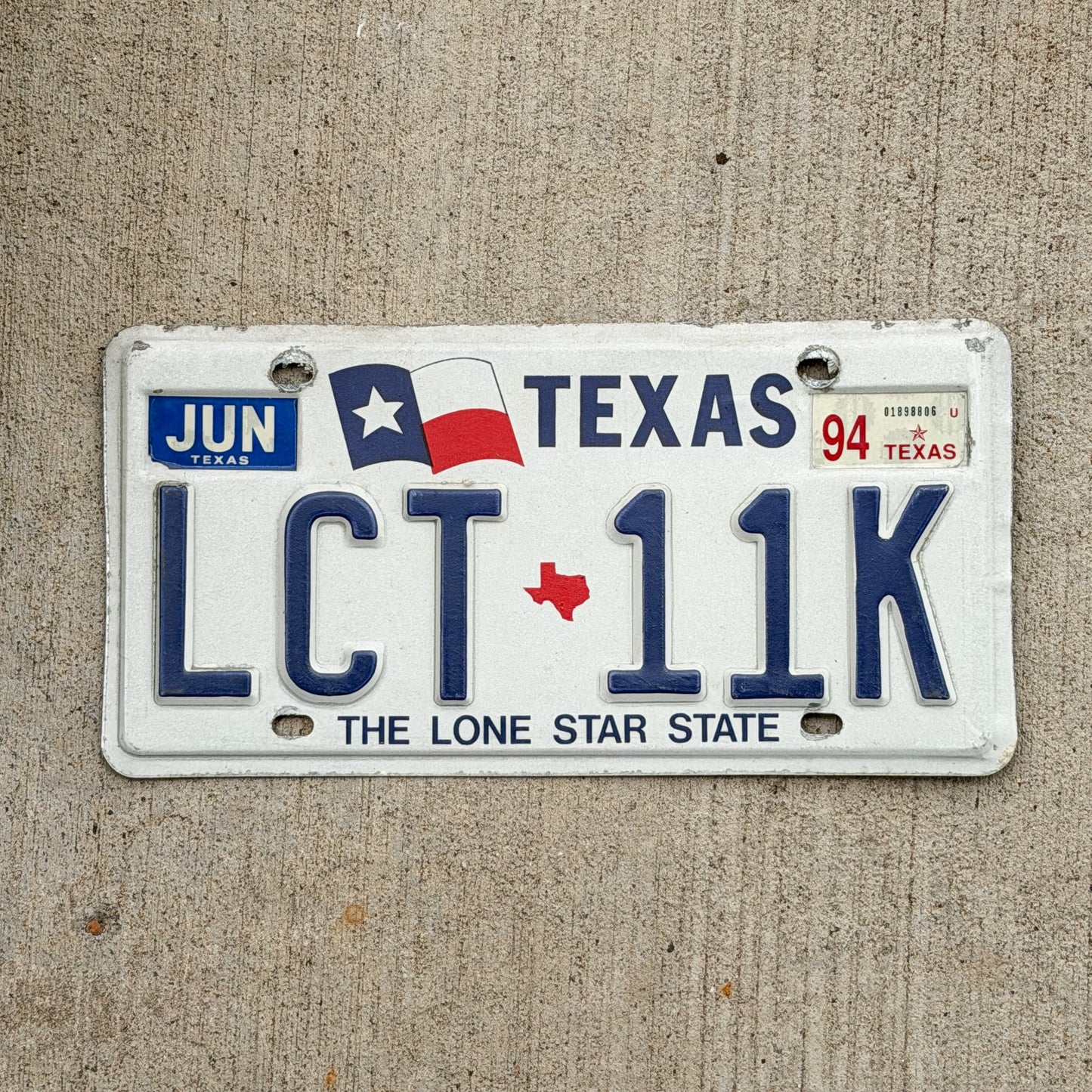 Photo of a 1990 1994 Texas License Plate Auto Tag Garage Decor Vintage LCT 11K with original patina