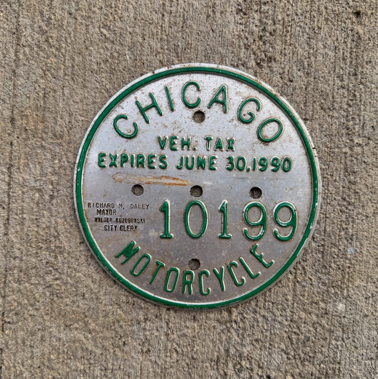 Photo of a 1990 Chicago MOTORCYCLE Tax Tag Disc Disk Medallion Auto Tag Garage Decor Vintage 10199