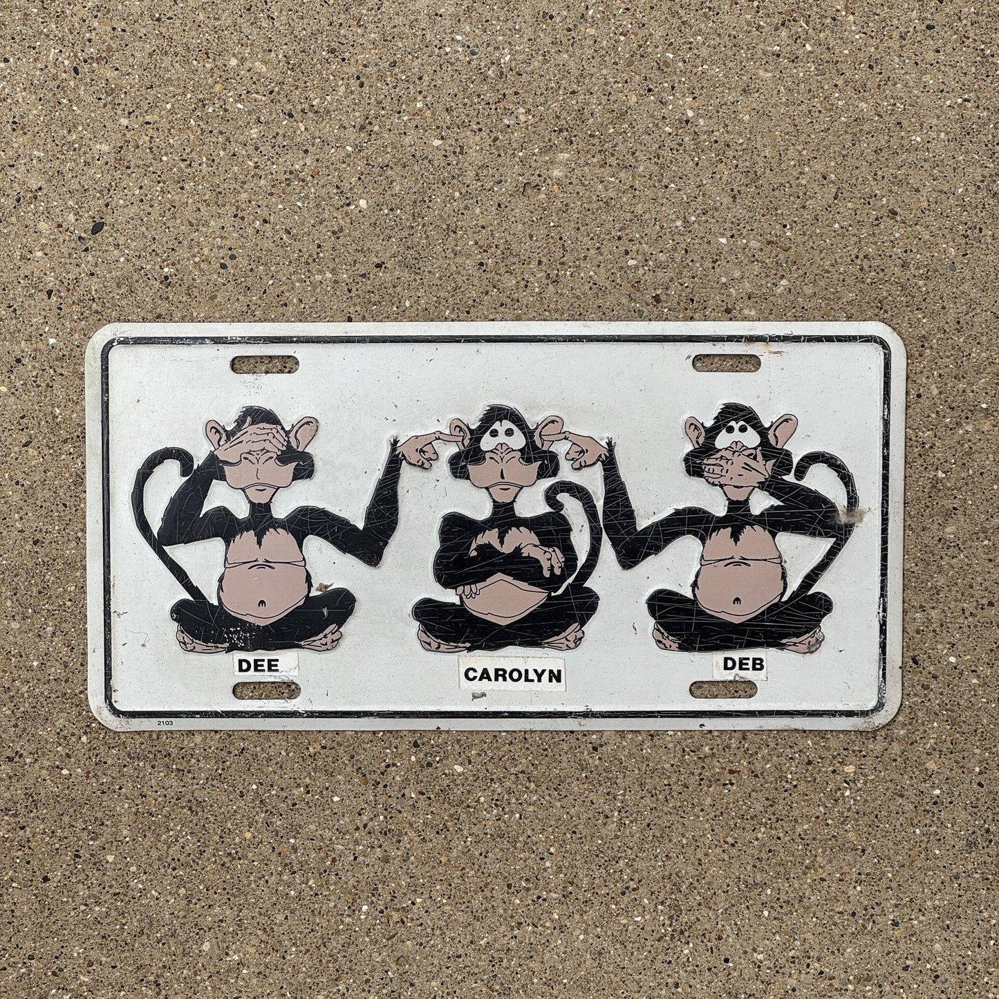 Photo of a 1990 Era Auto Tag Garage Decor Vintage See No Evil, Hear No Evil, Speak No Evil Three Wise Monkeys