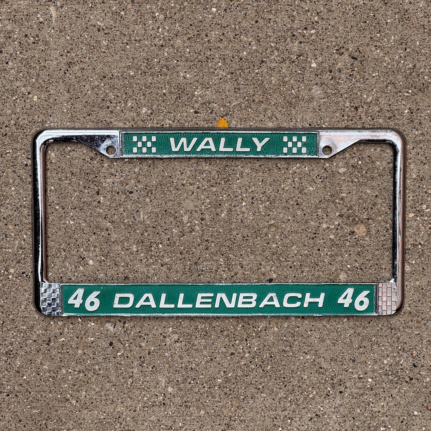Photo of a 1990 Era License Plate Frame Auto Tag Garage Decor Vintage Nascar Racing Wally Dallenbach 46 with original patina
