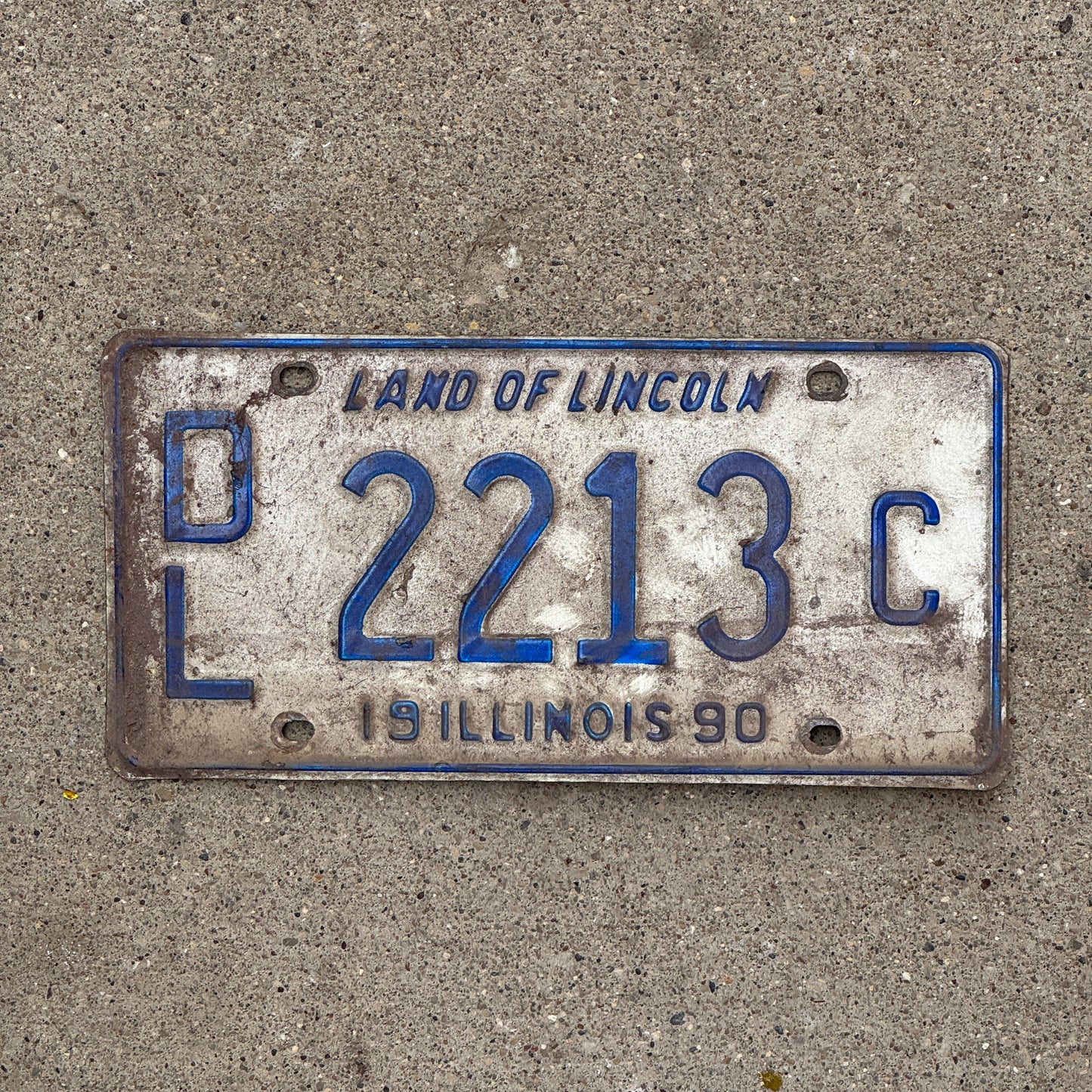Photo of a 1990 Illinois Dealer License Plate Auto Tag 1 Vintage Garage 2213 C with original patina