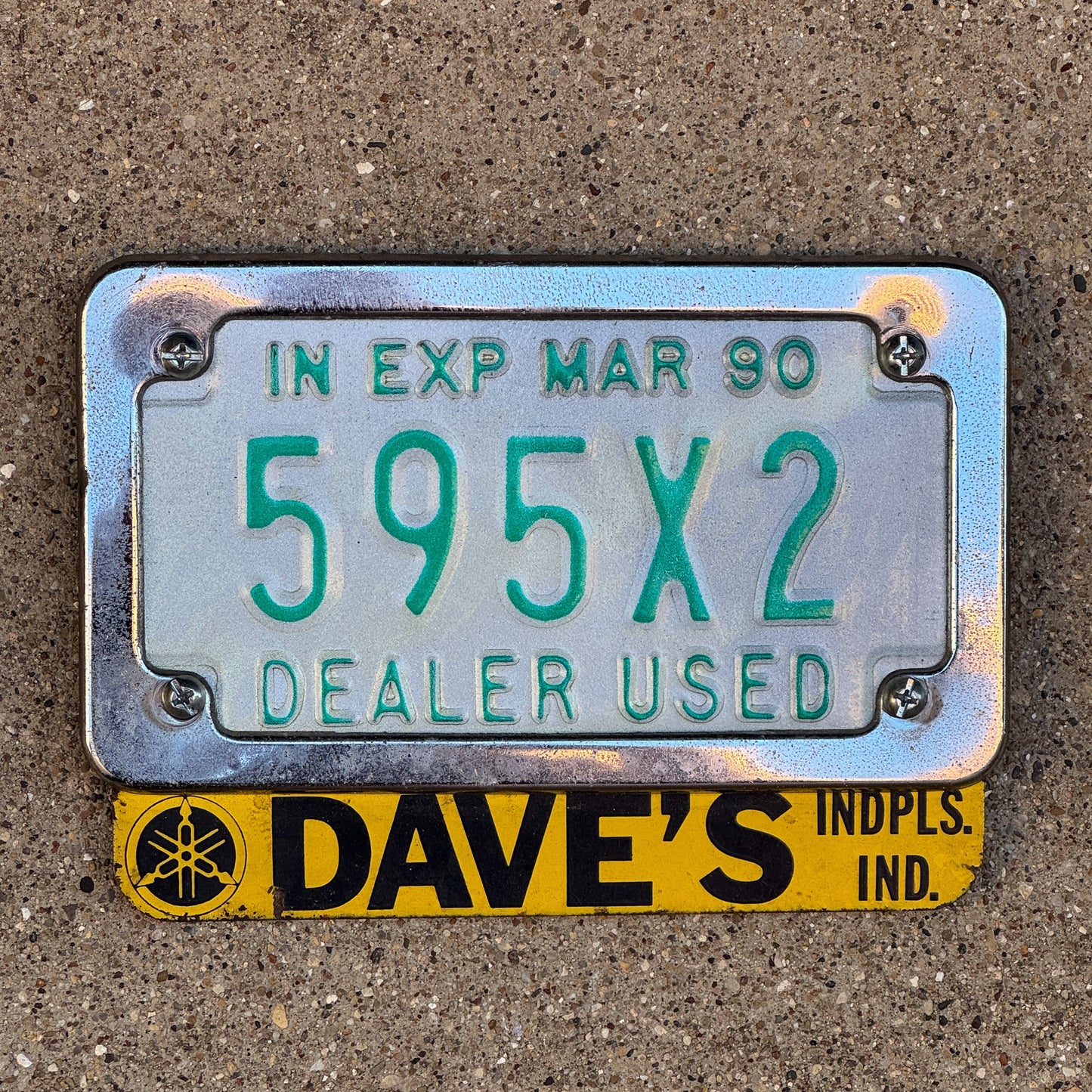 Photo of a 1990 Indiana Used Motorcycle Dealer License Plate Auto Tag Garage Decor Vintage with Dave's Yamaha Topper 595 X 2 with original patina