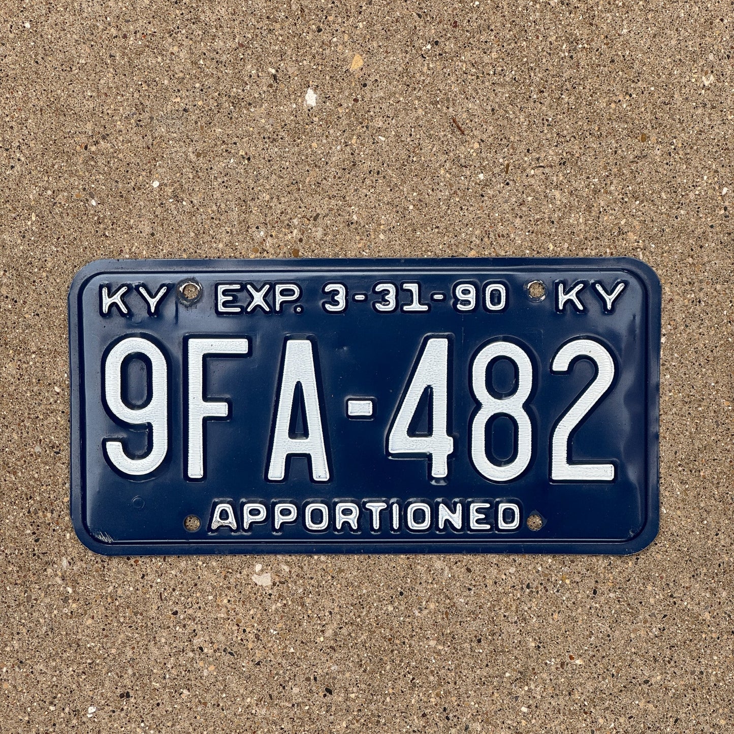 Photo of a 1990 Kentucky Apportioned License Plate Auto Tag Garage Decor Vintage 9FA 482