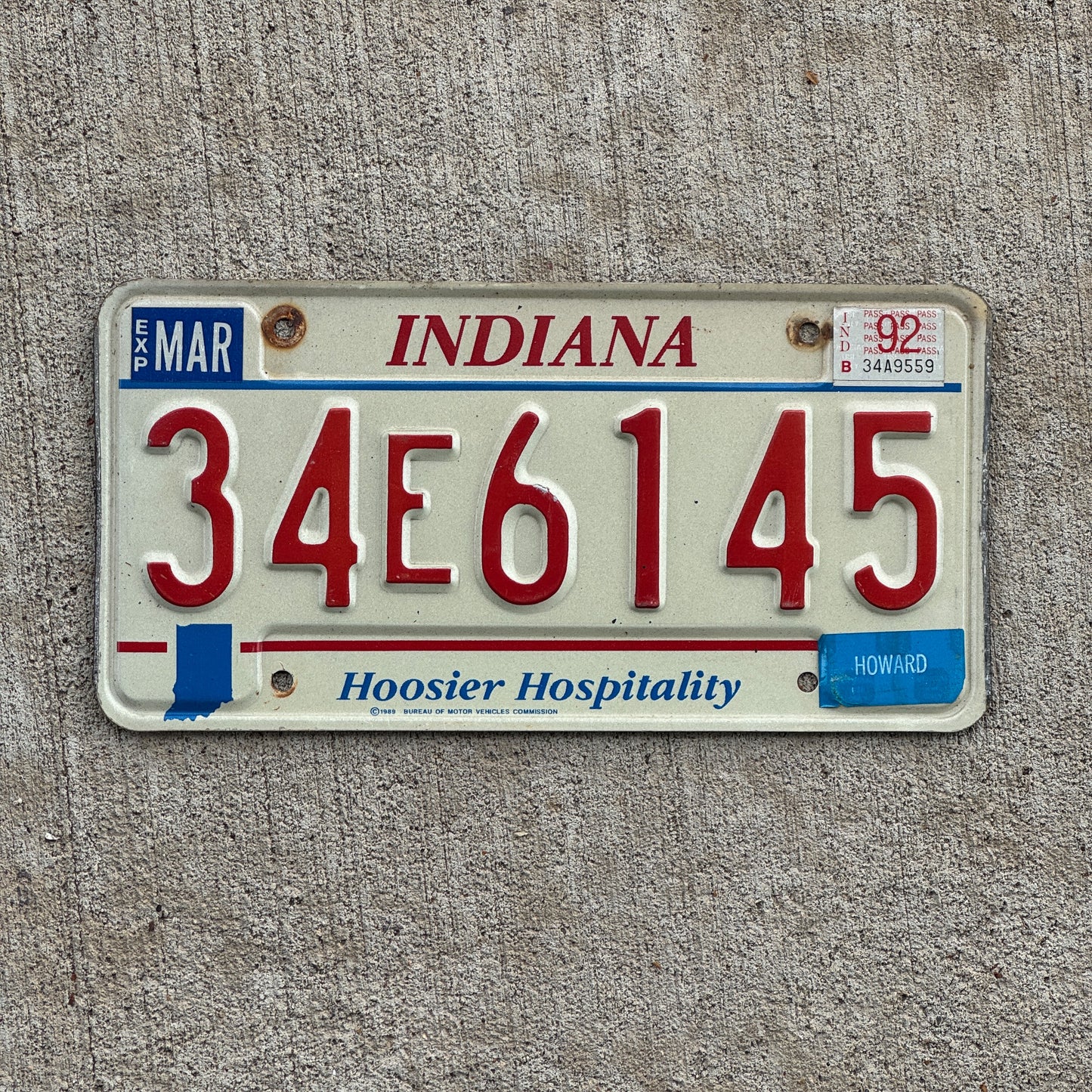 Photo of a 1991 1992 Indiana License Plate Auto Tag Garage Decor Vintage 34 E 6145 with original patina