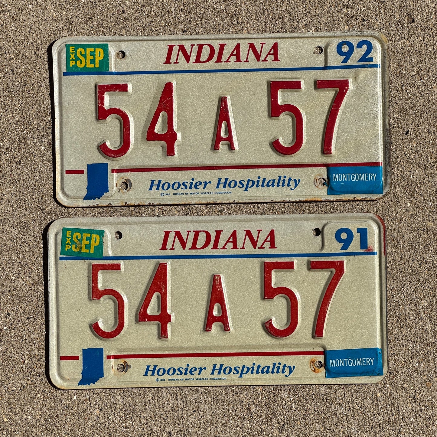 Photo of a 1991 1992 Indiana License Plate Pair Auto Tag Garage Decor Vintage 54 A 57