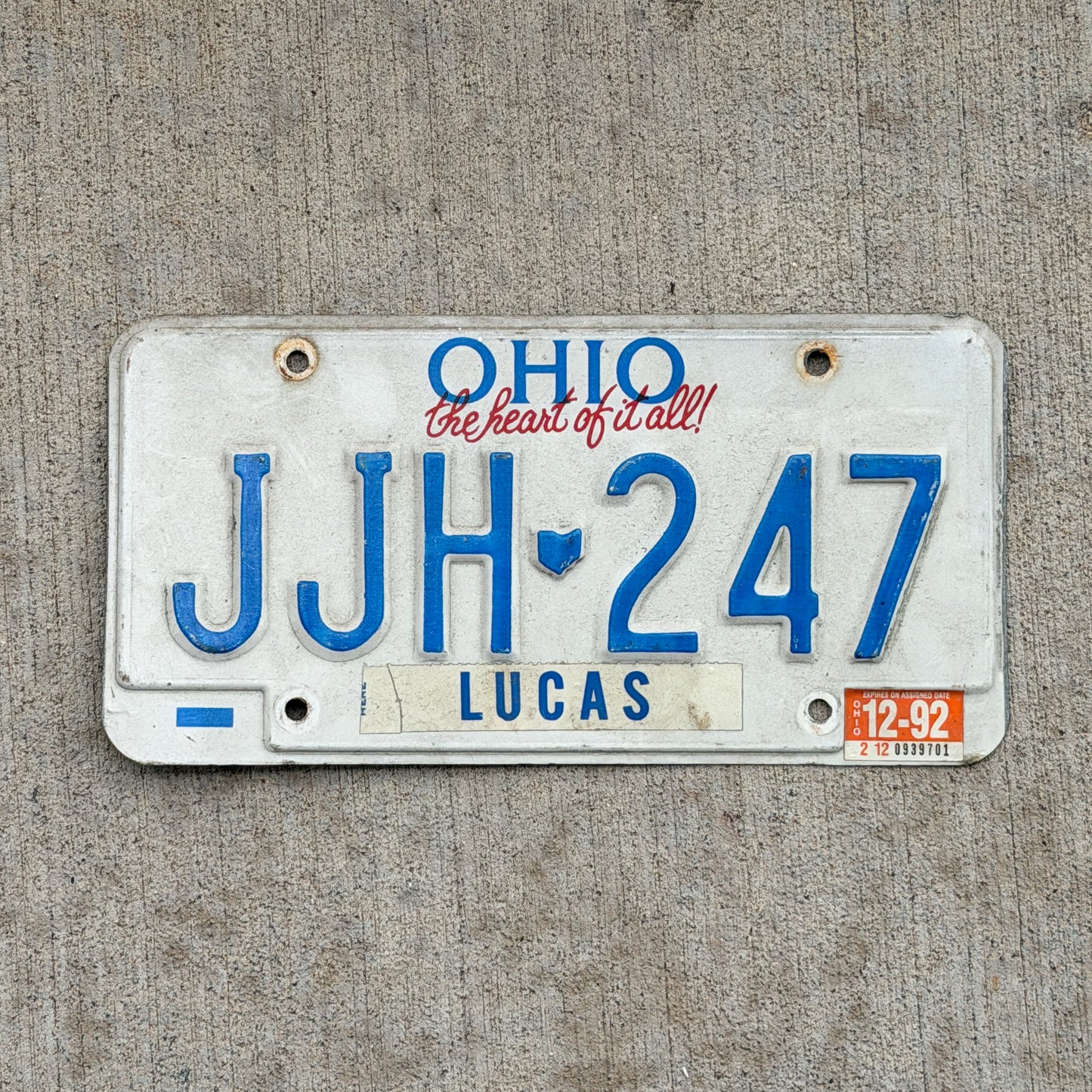 Photo of a 1991 1992 Ohio License Plate Auto Tag Garage Decor Vintage JJH 247 with original patina
