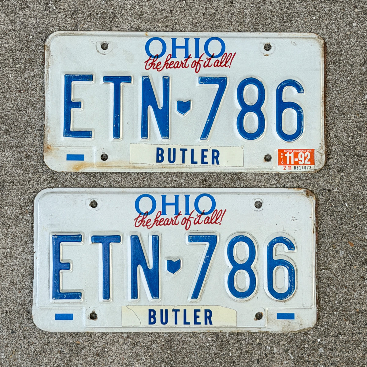 Photo of a 1991 1992 Ohio License Plate Pair Auto Tag Garage Decor Vintage ETN 786 with original patina
