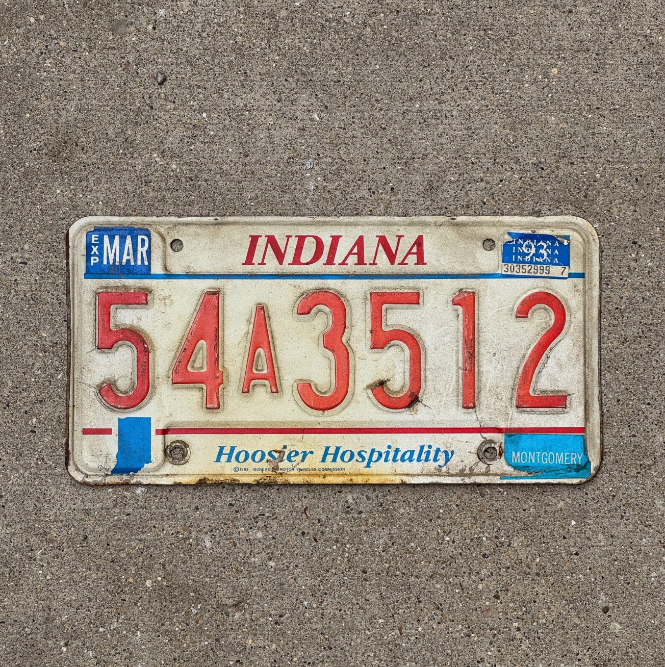 Photo of a 1991 1993 Indiana License Plate Auto Tag Garage Decor Vintage 54 A 3512