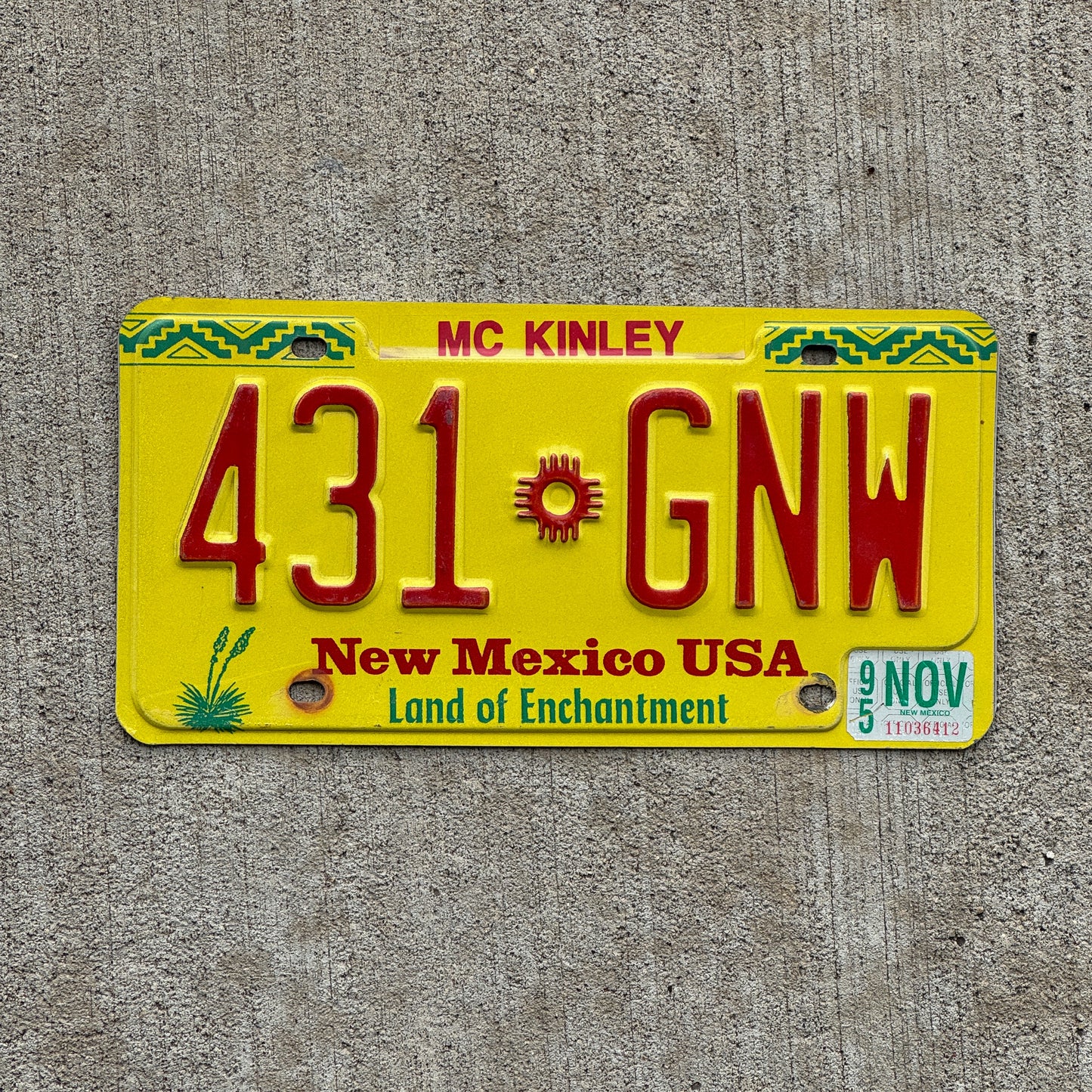 Photo of a 1991 1995 New Mexico License Plate Auto Tag Garage Decor Vintage 431 GNW with original patina