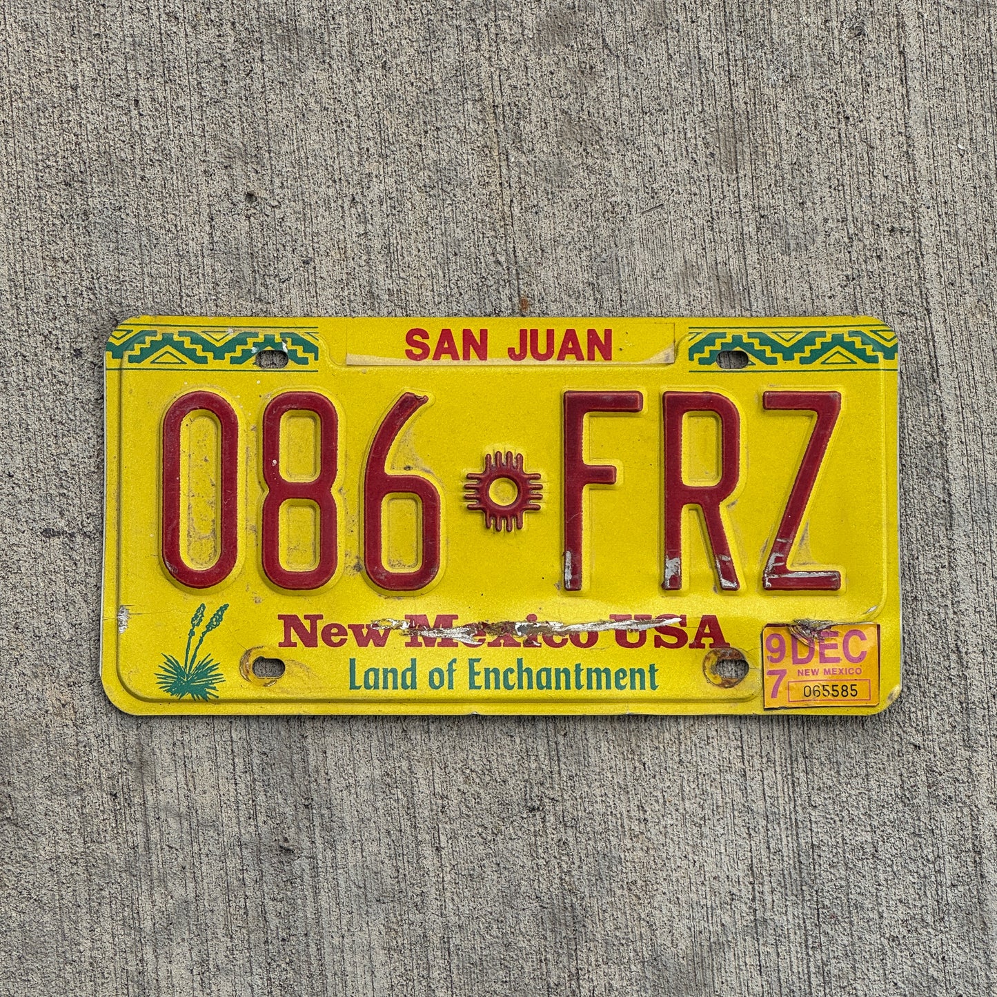 Photo of a 1991 1997 New Mexico License Plate Auto Tag Garage Decor Vintage 086 FRZ with original patina