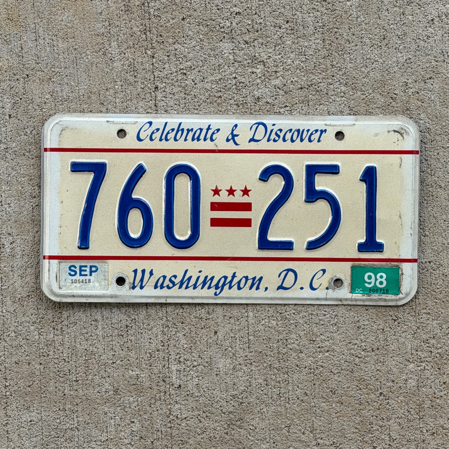 Photo of a 1991 1998 Washington DC License Plate Auto Tag Garage Decor Vintage Celebrate and Discover 760 251 with original patina