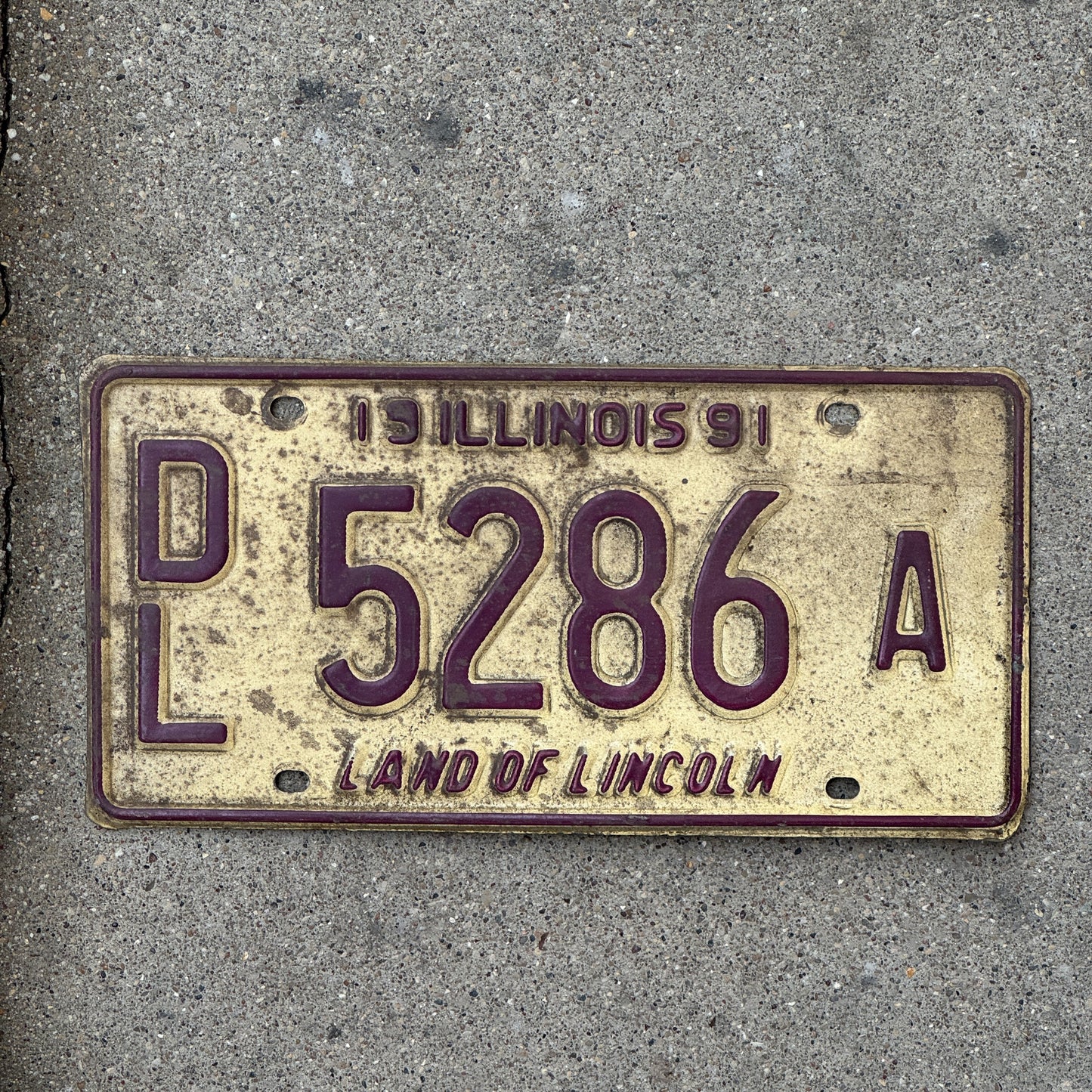 Photo of a 1991 Illinois Dealer License Plate Auto Tag 1 Vintage Garage 5286 A with original patina