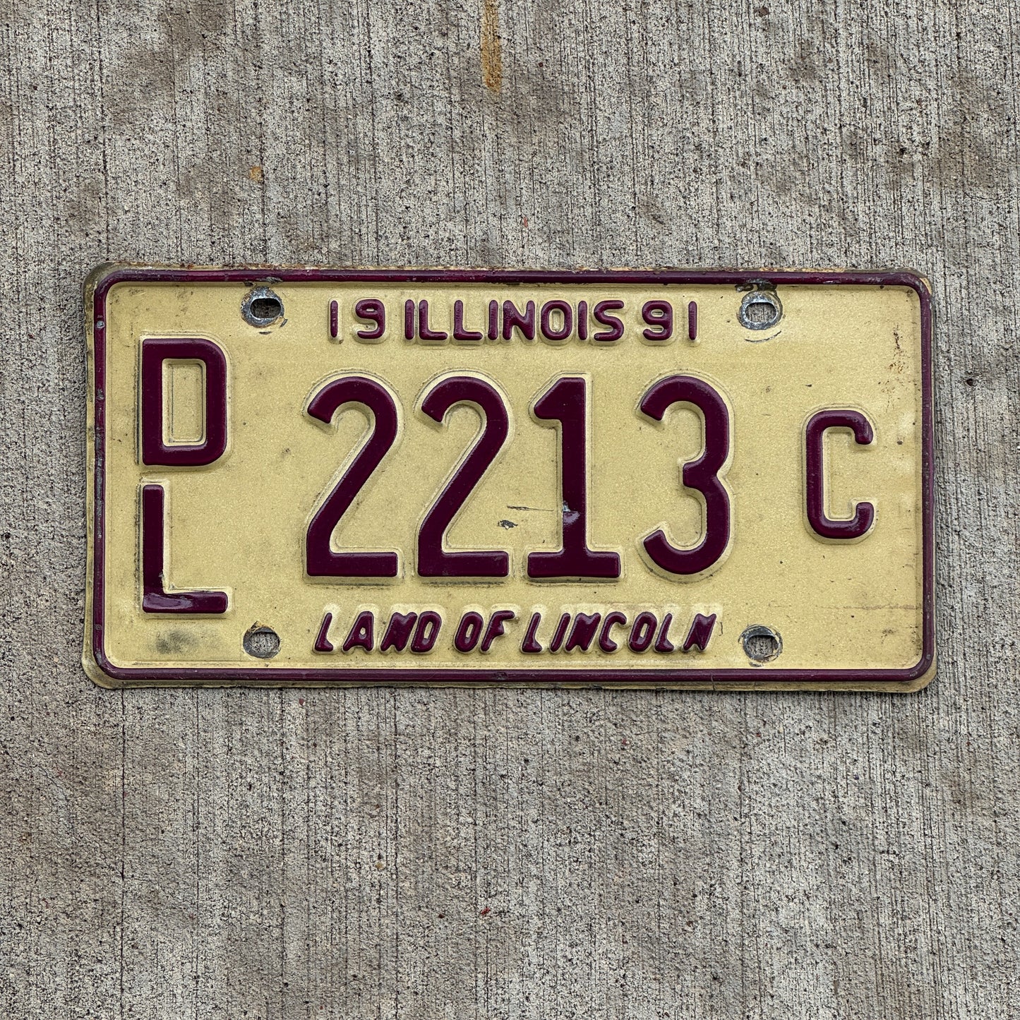 Photo of a 1991 Illinois Dealer License Plate Auto Tag 2 Vintage Garage 2213 C with original patina