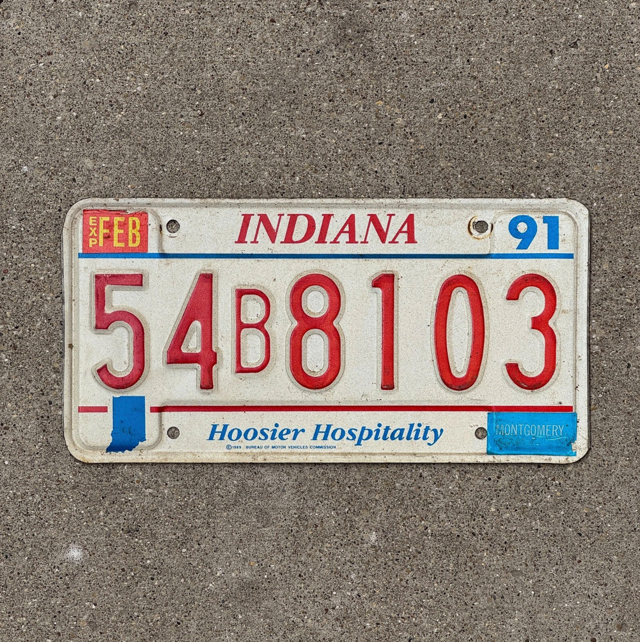 Photo of a 1991 Indiana License Plate Auto Tag Garage Decor Vintage 54 B 8103