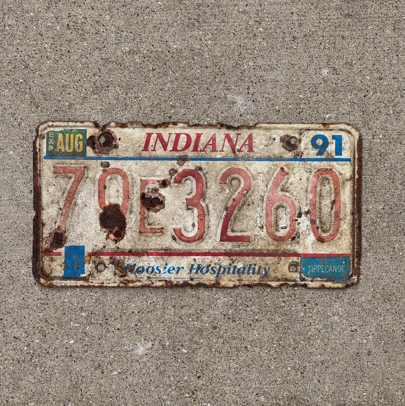Photo of a 1991 Indiana License Plate Auto Tag Garage Decor Vintage 79 E 3260