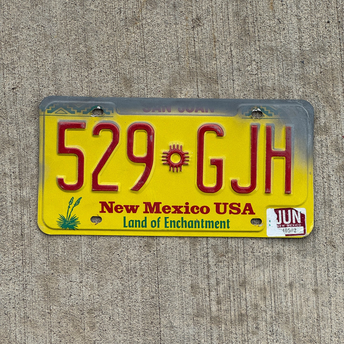 Photo of a 1991 New Mexico License Plate Auto Tag Garage Decor Vintage 529 GJH with original patina
