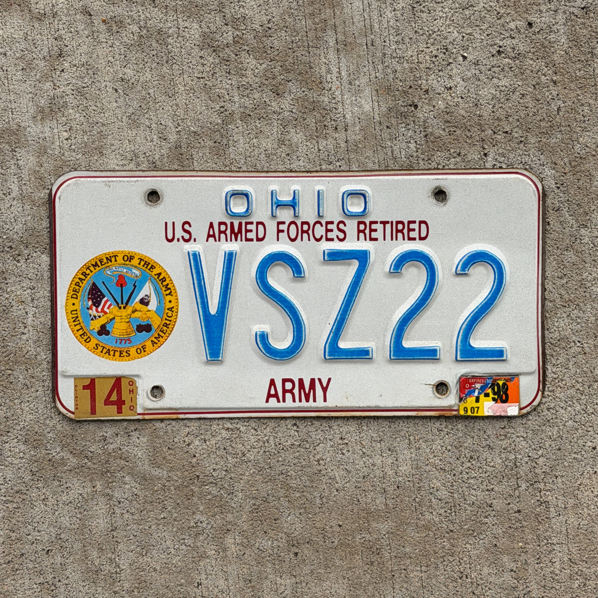Photo of a 1991 Ohio License Plate Auto Tag Garage Decor Vintage Army VSZ 22 with original patina