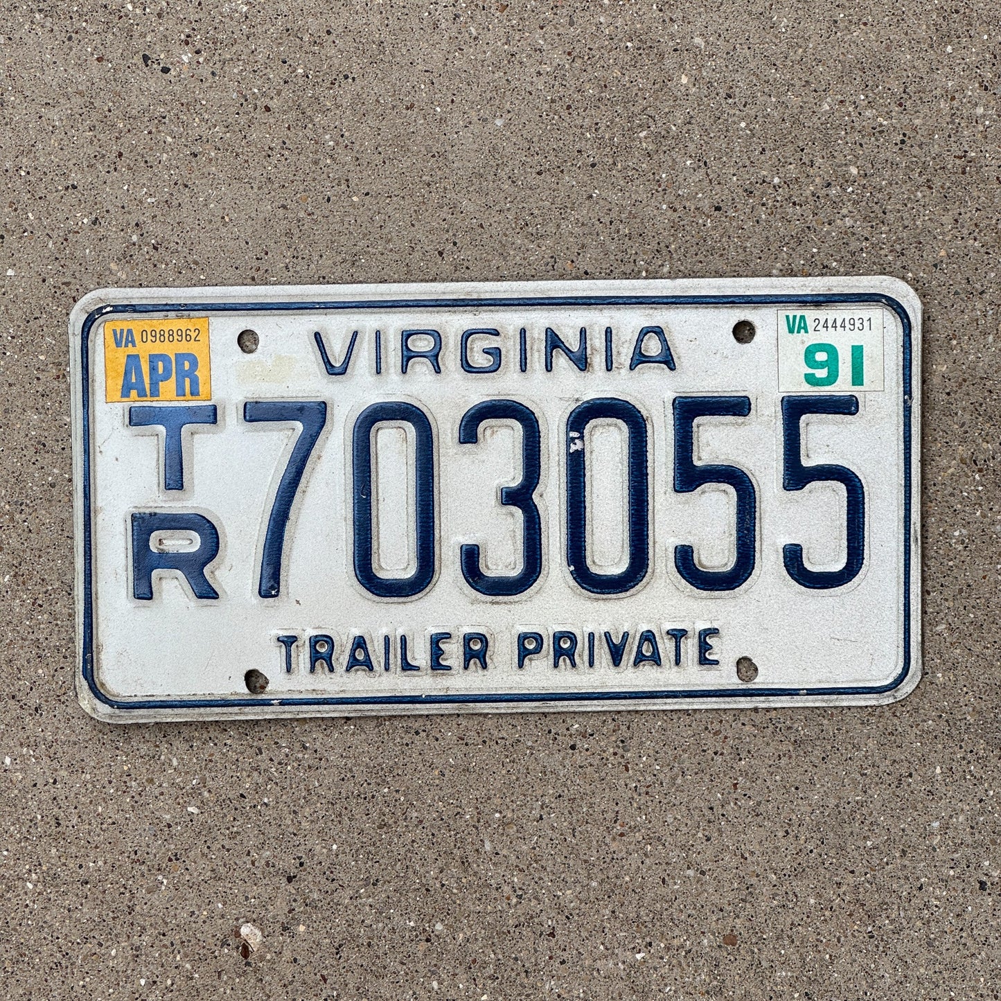 Photo of a 1991 Virginia Trailer License Plate Auto Tag Garage Decor Vintage 703055