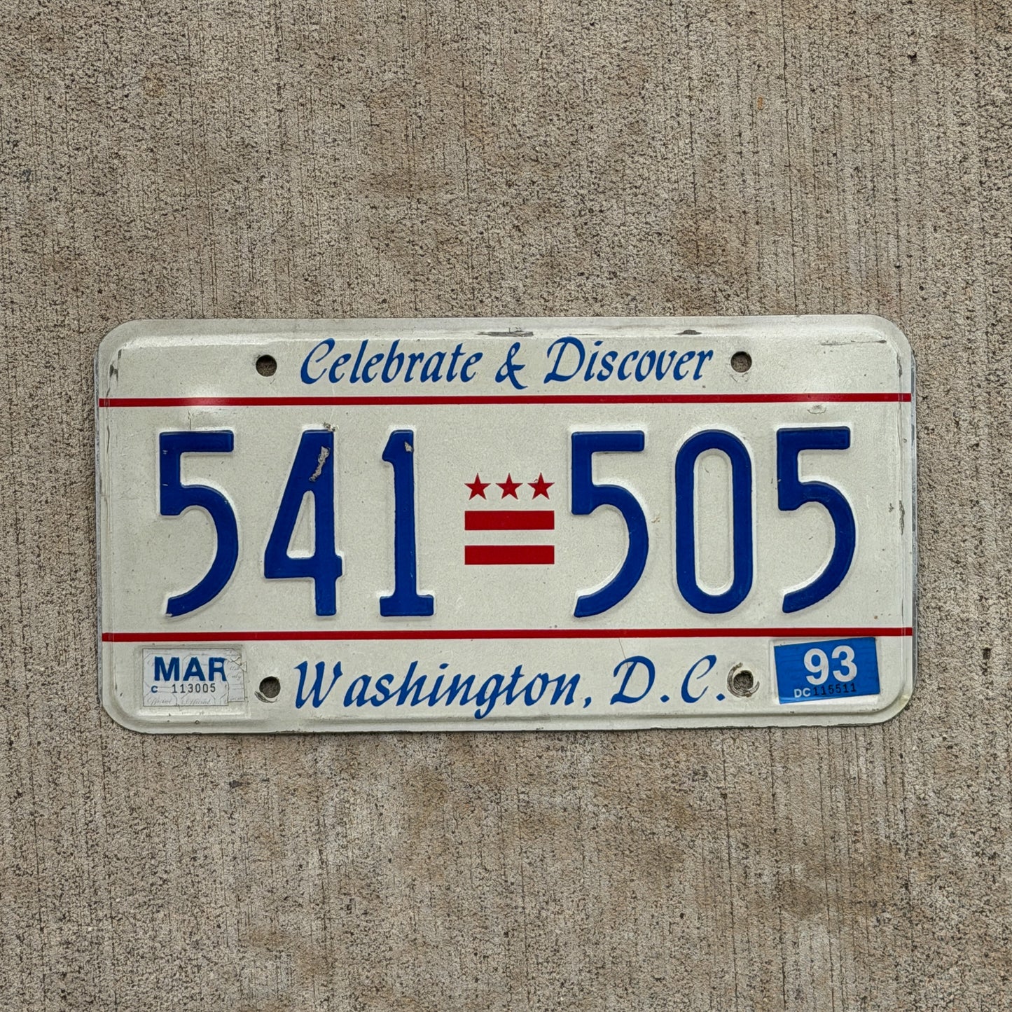Photo of a 1991 Washington DC License Plate Auto Tag Garage Decor Vintage Celebrate and Discover 541 505 with original patina
