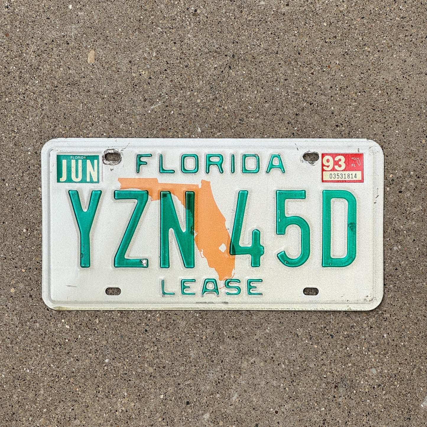 Photo of a 1992 1993 Florida Lease License Plate Auto Tag Garage Decor Vintage YZN 45D
