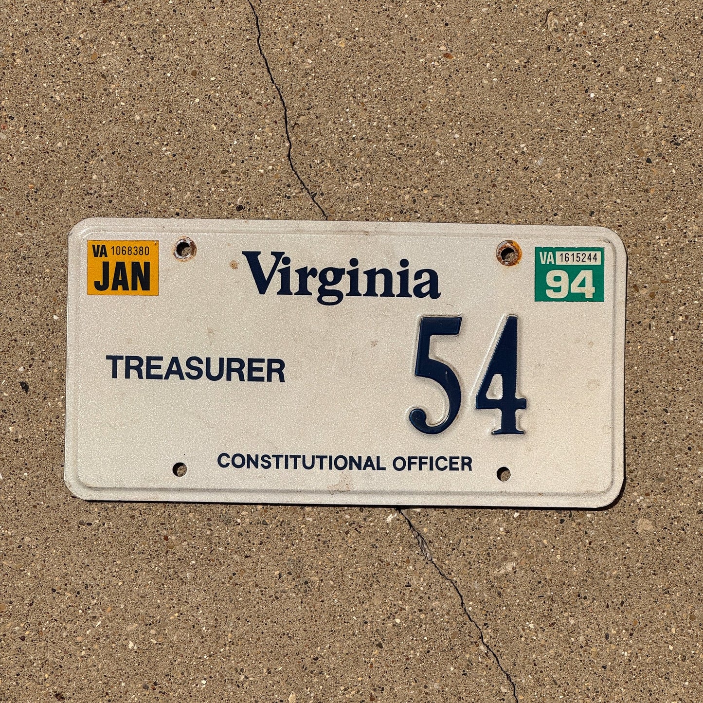 Photo of a 1992 1994 Virginia Treasurer License Plate Auto Tag Garage Decor Vintage 54