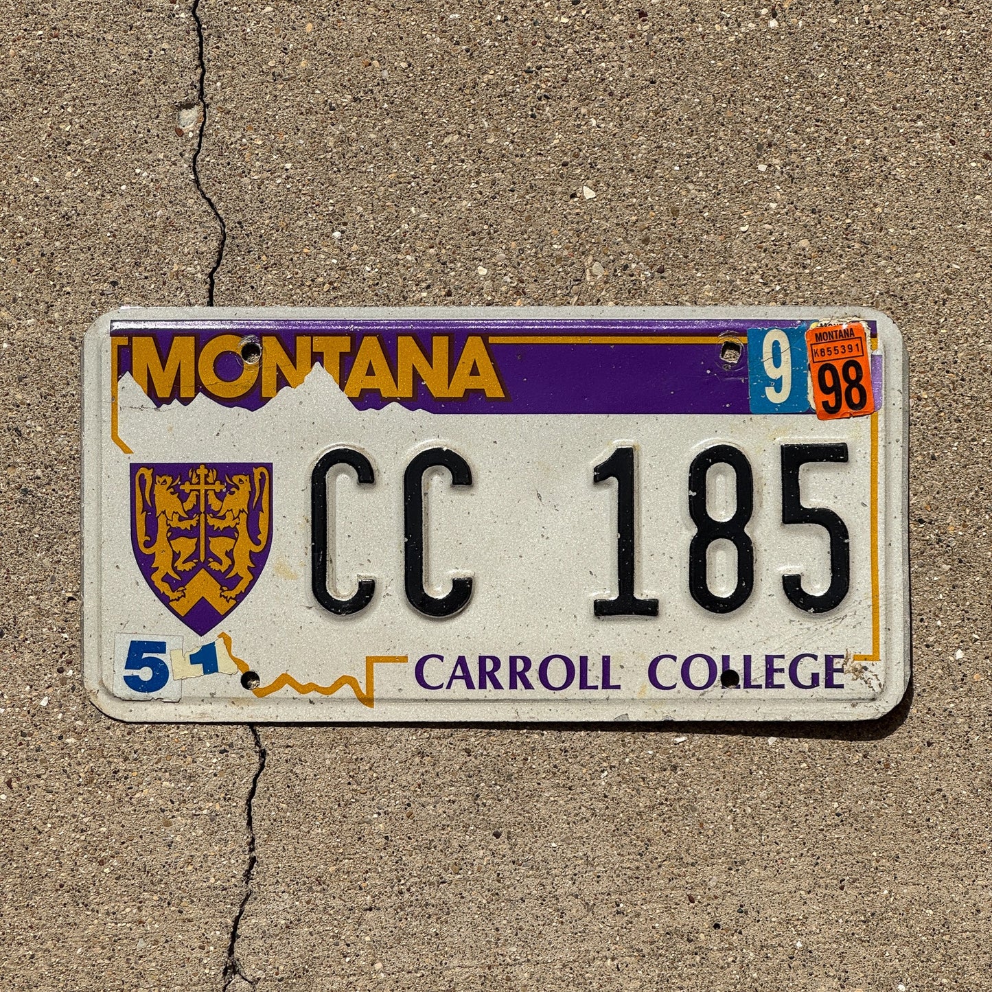 Photo of a 1992 1998 Montana Graphic / Specialty License Plate Auto Tag Garage Decor Vintage Carroll College CC 185