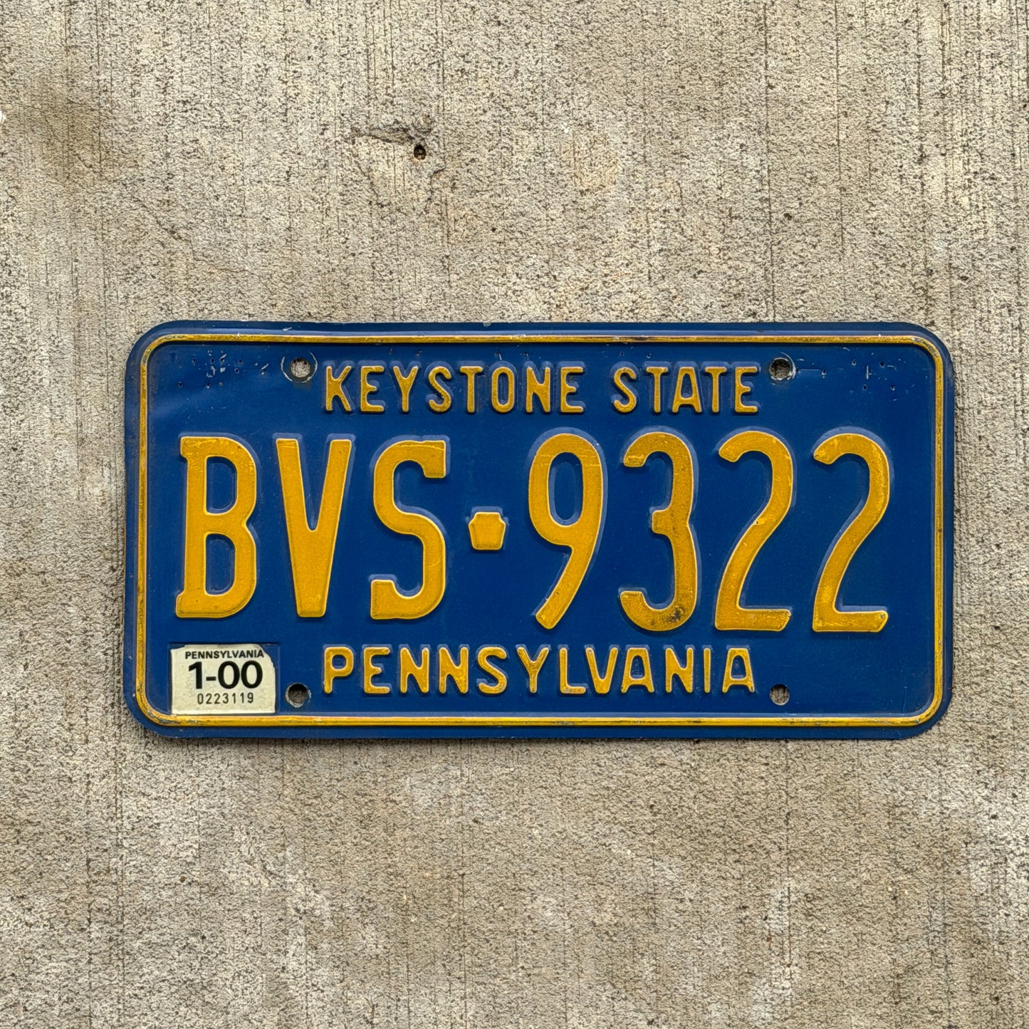 Photo of a 1992 2000 Pennsylvania License Plate Auto Tag Garage Decor Vintage BVS 9322 with original patina