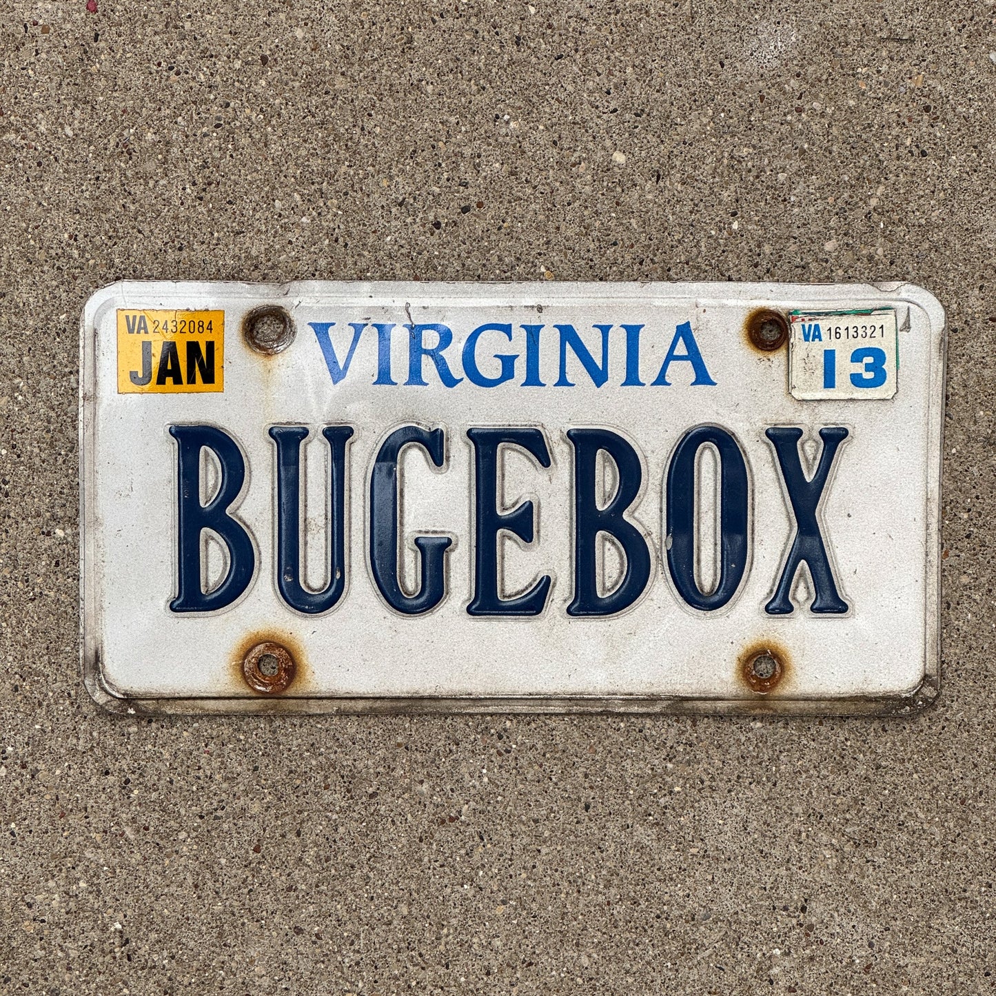 Photo of a 1992 2013 Virginia Vanity License Plate Auto Tag Garage Decor Vintage Bug Box BUGEBOX with original patina