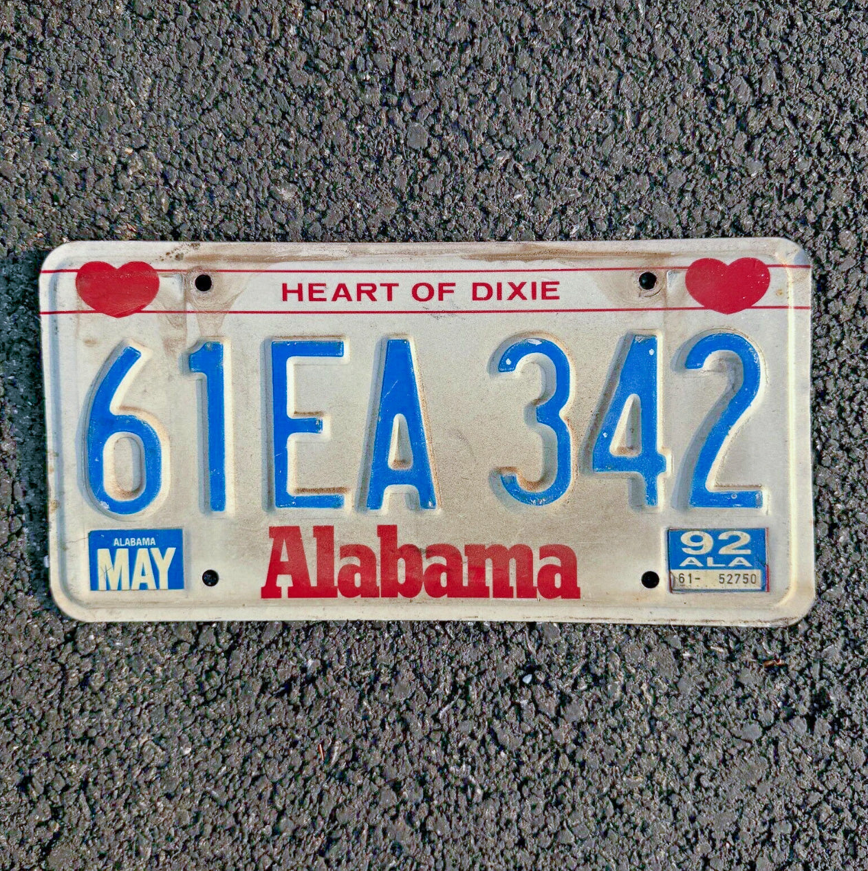 Photo of a 1992 Alabama License Plate Auto Tag Garage Decor Vintage Heart of Dixie 61 EA 342
