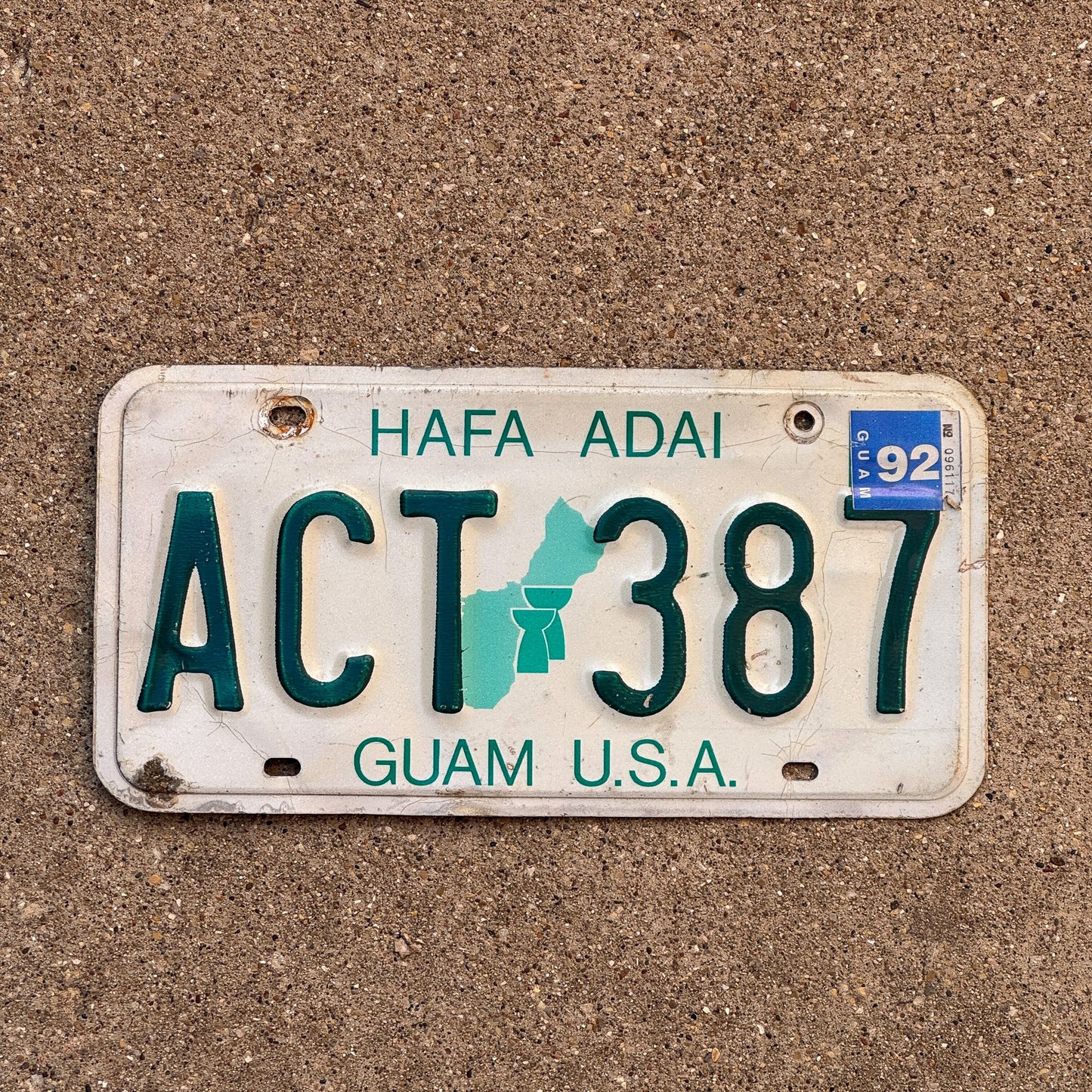 Photo of a 1992 Guam License Plate Auto Tag Garage Decor Vintage Hafa Adai ACT 387