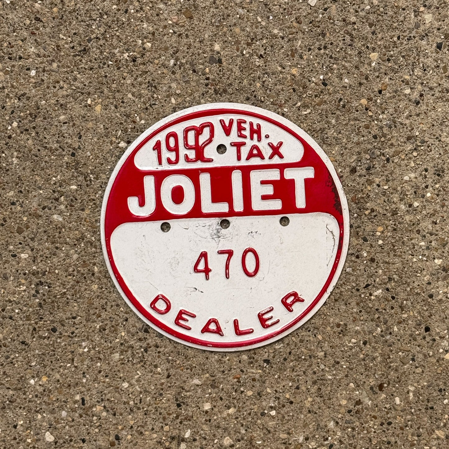 Photo of a 1992 Illinois Dealer Tax Tag Auto Tag Garage Decor Vintage Joliet 470