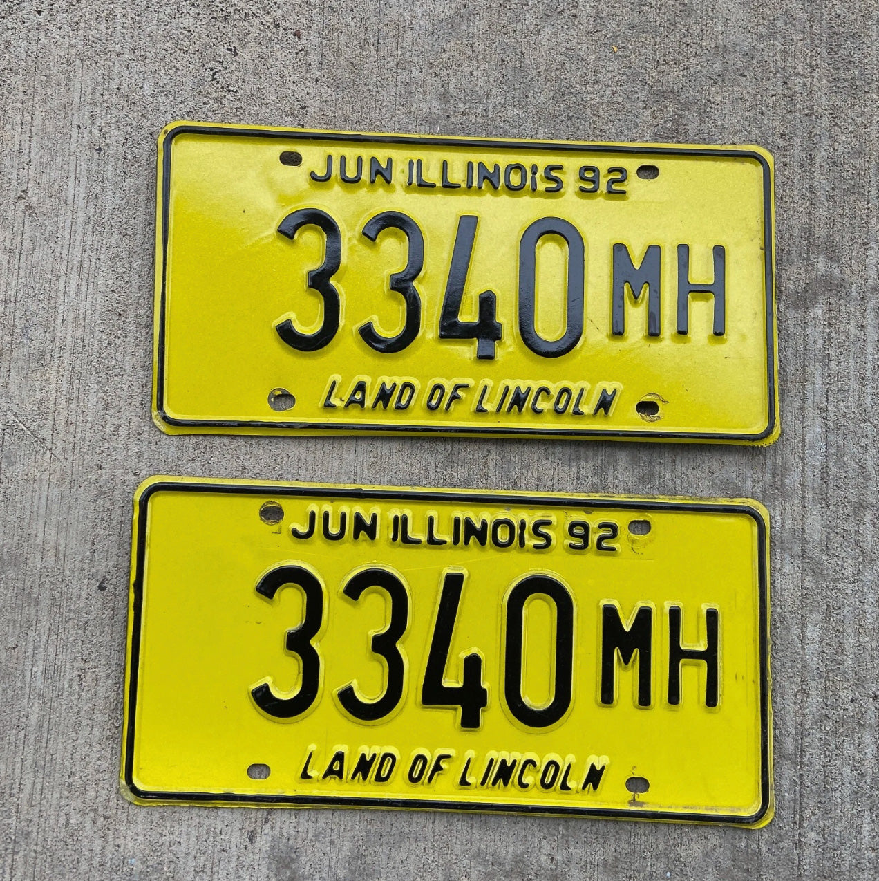 Photo of a 1992 Illinois Truck Mileage Tax License Plate Pair Auto Tag Garage Decor Vintage 3340 MH with original patina