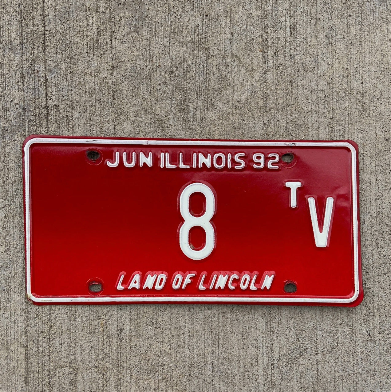 Photo of a 1992 Illinois Truck Tractor License Plate Auto Tag Garage Decor Vintage Low Number Single Digit 8 TV with original patina