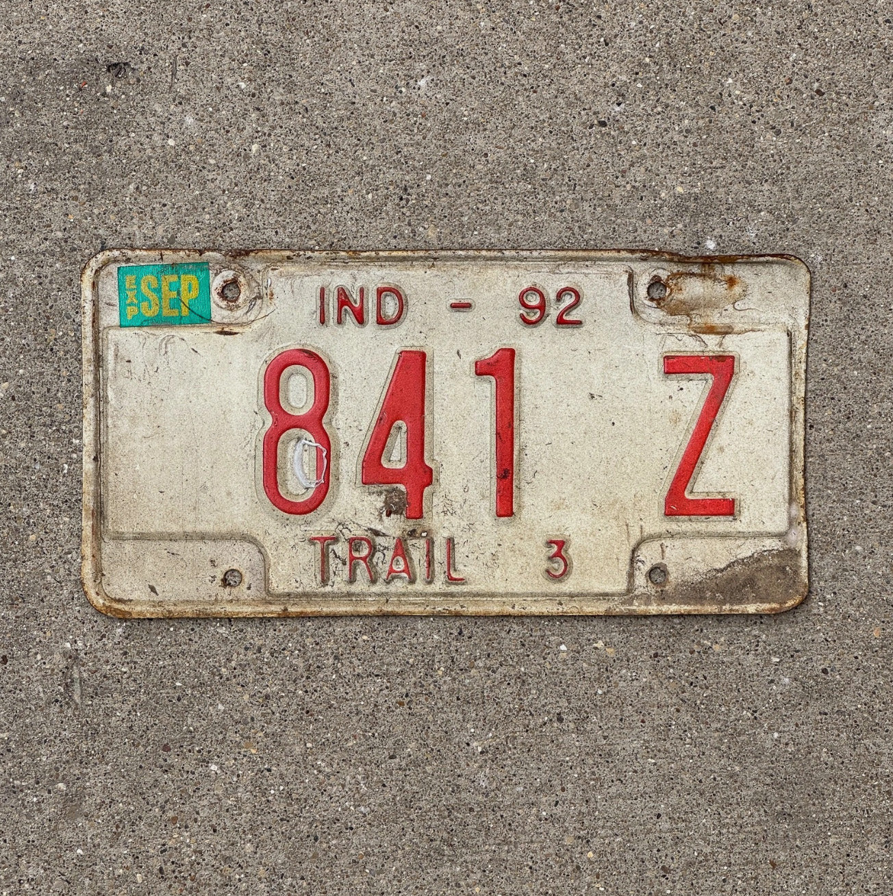 Photo of a 1992 Indiana Trailer License Plate Auto Tag Garage Decor Vintage 841 Z