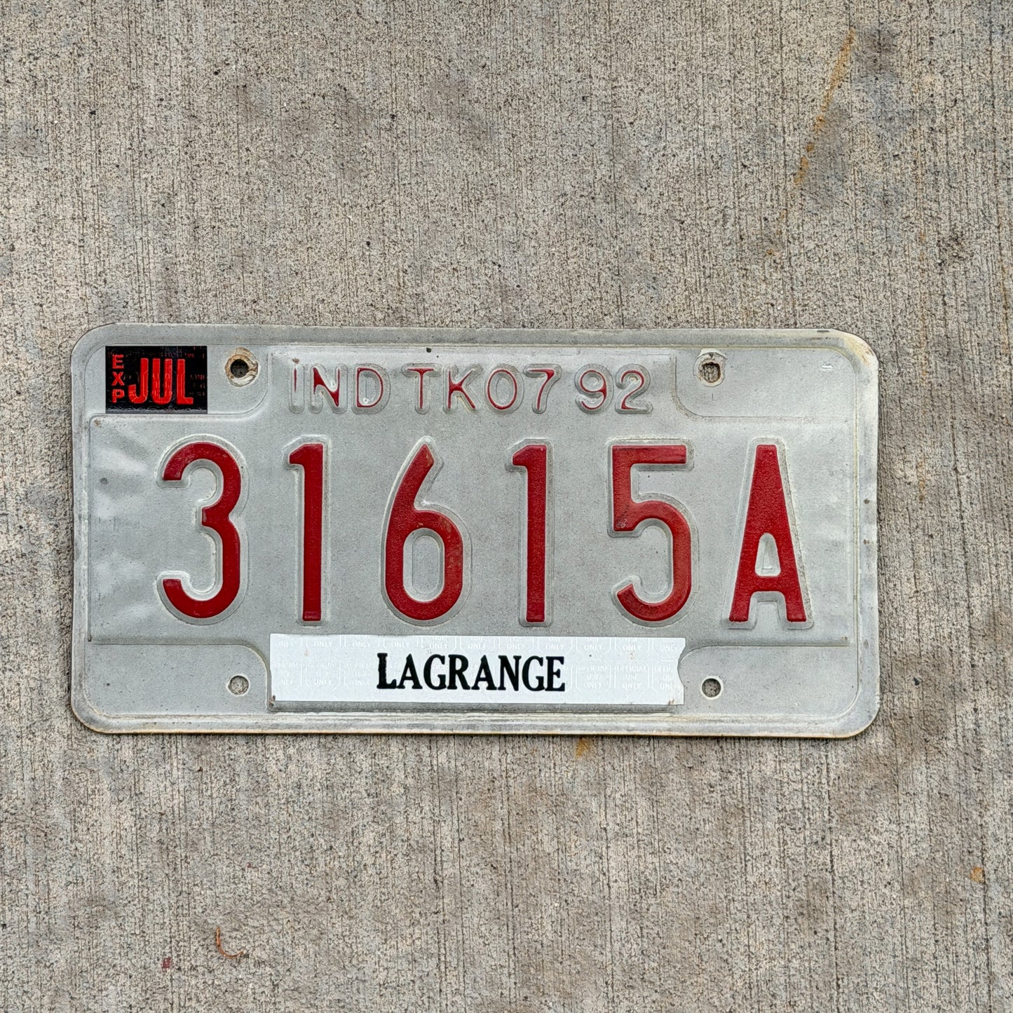 Photo of a 1992 Indiana Truck License Plate Auto Tag Garage Decor Vintage 31615 A with original patina