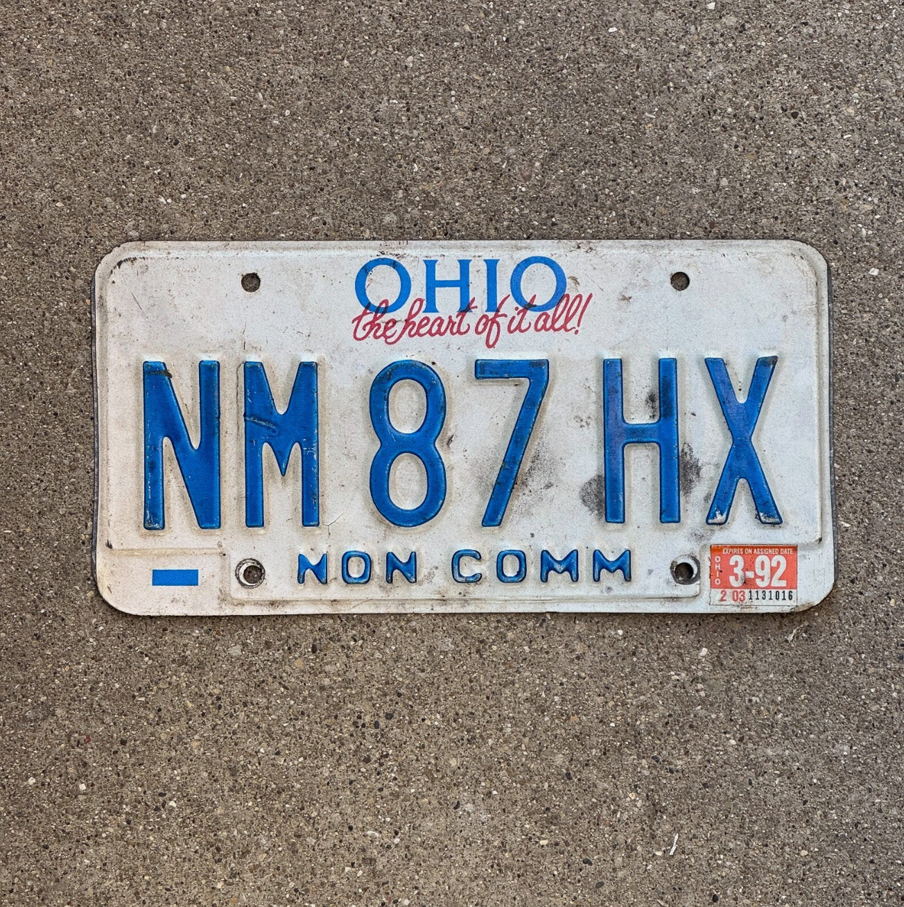 Photo of a 1992 Ohio Non Commercial License Plate Auto Tag Garage Decor NM 87 HX