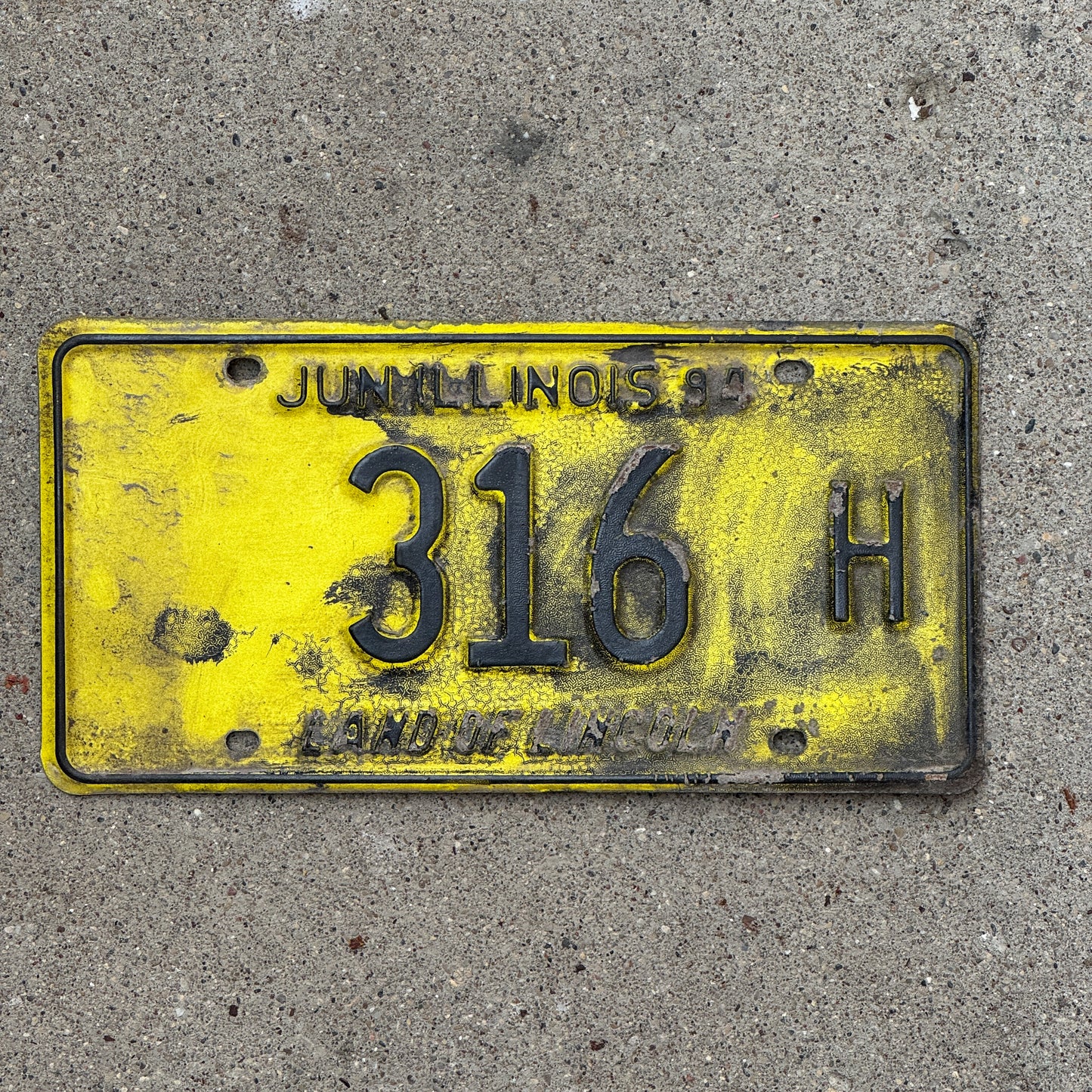 Photo of a 1993 1994 Illinois Truck License Plate Auto Tag Garage Decor Vintage Low Number Three Digit 316 H with original patina
