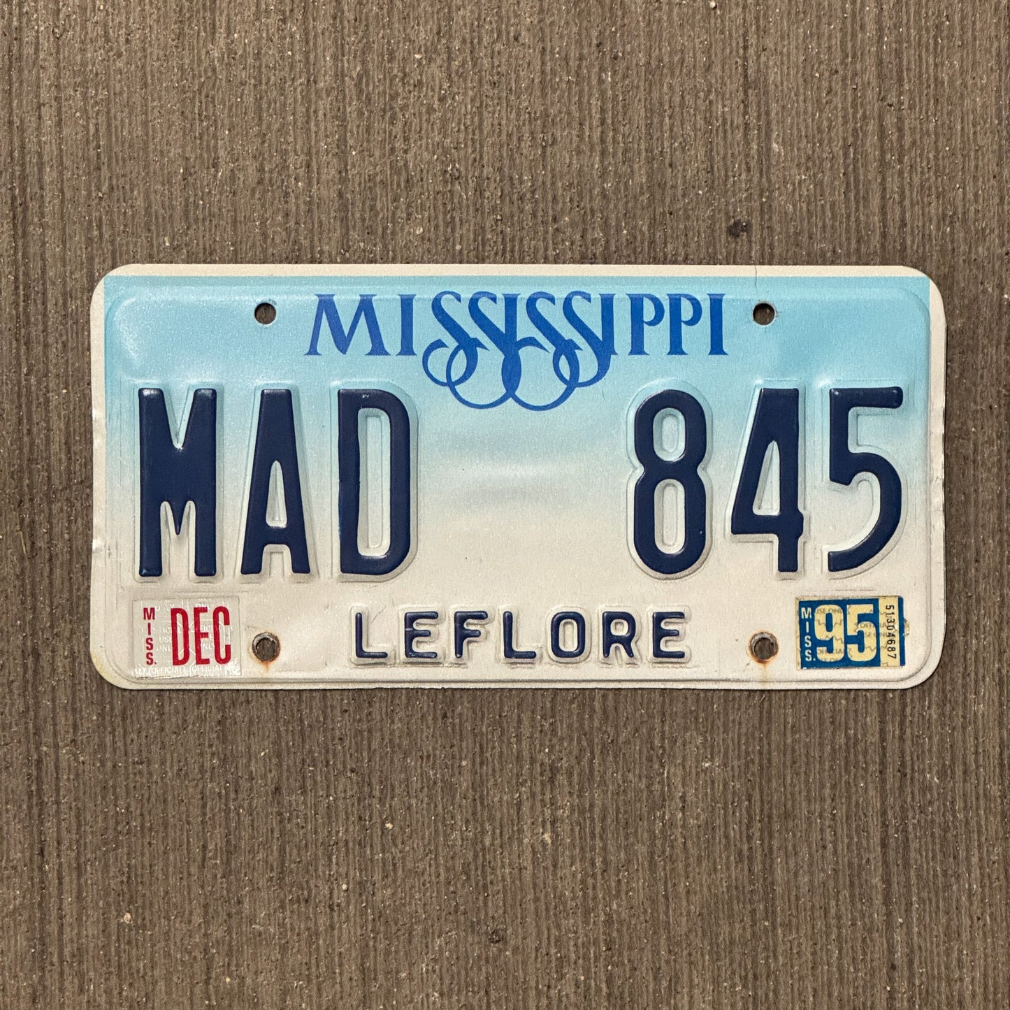 Photo of a 1993 1995 Mississippi License Plate Auto Tag Garage Decor Vintage Leflore County MAD 845