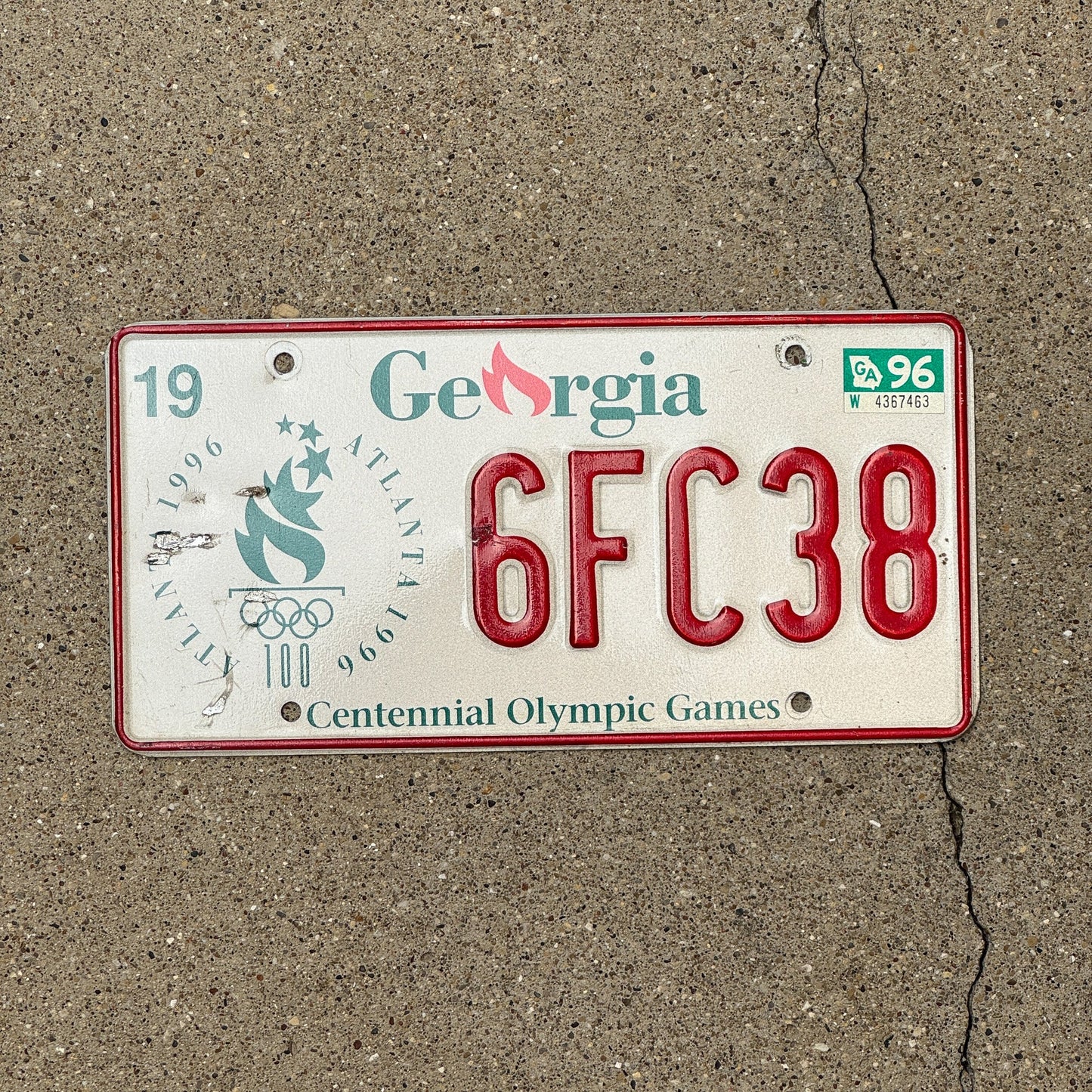 Photo of a 1993 1996 Georgia Graphic / Specialty License Plate Auto Tag Garage Decor Vintage Atlanta Centennial Olympic Games Olympics 6FC38