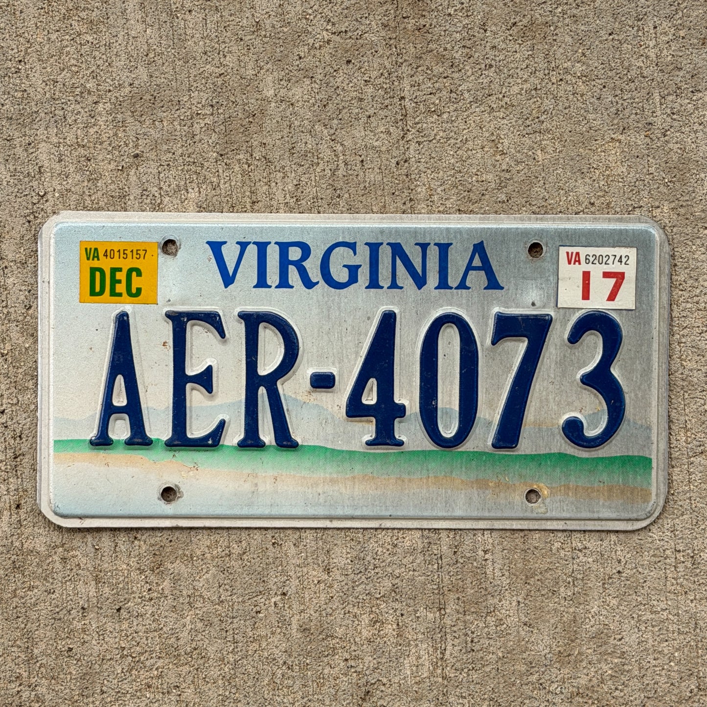 Photo of a 1993 2017 Virginia Graphic / Specialty License Plate Auto Tag 2 Vintage Garage Scenic Base AER 4073 with original patina