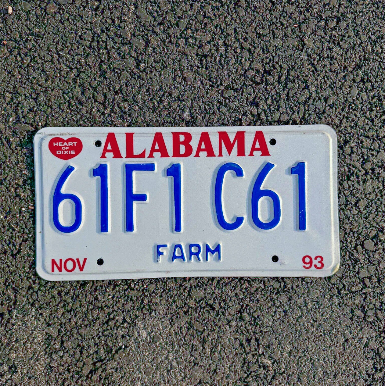 Photo of a 1993 Alabama Farm License Plate Auto Tag Garage Decor Vintage Heart of Dixie 61 F1 C61