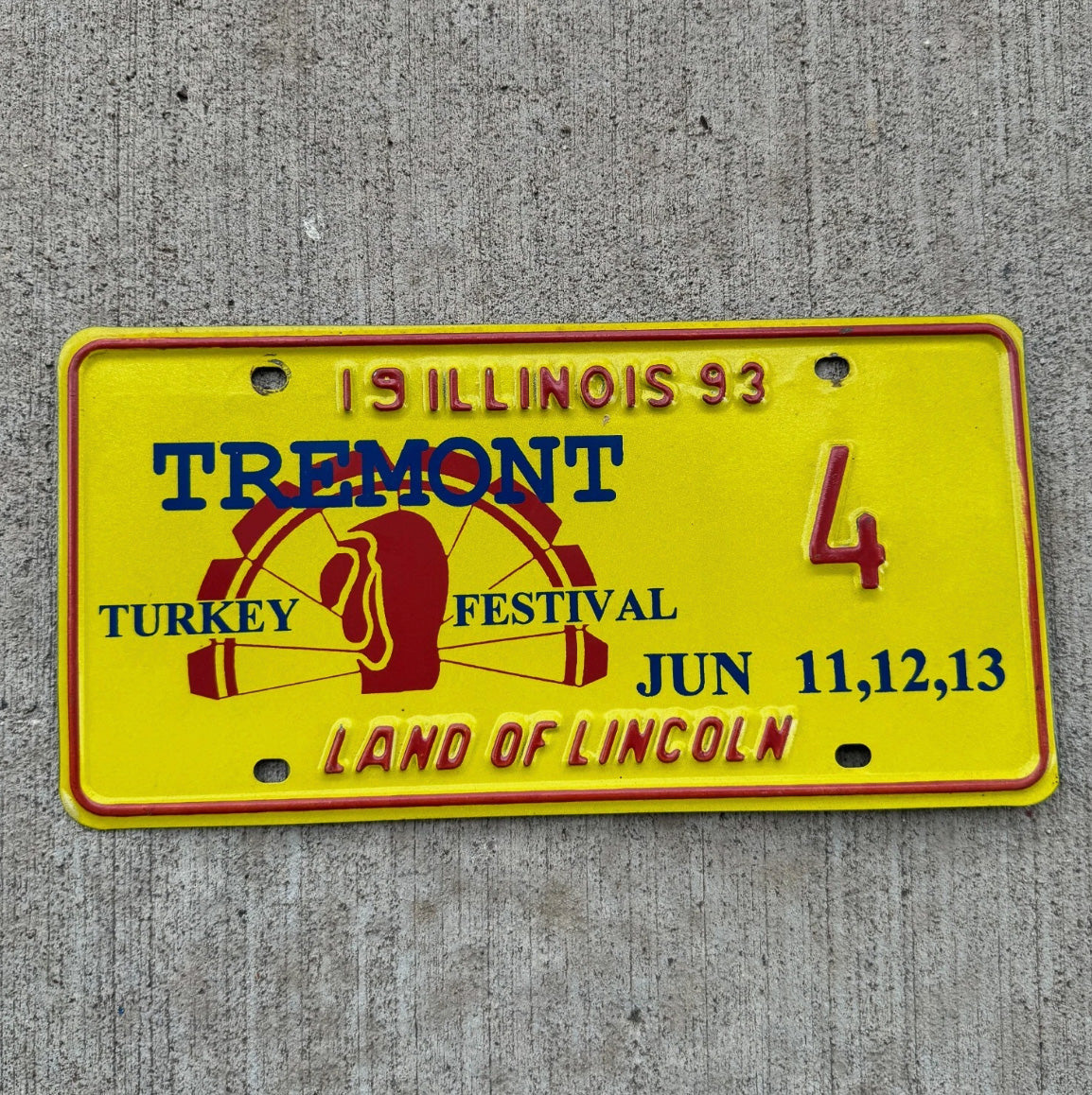Photo of a 1993 Illinois Event License Plate Tag 1 Tremont Turkey Festival Thanksgiving Decor 4