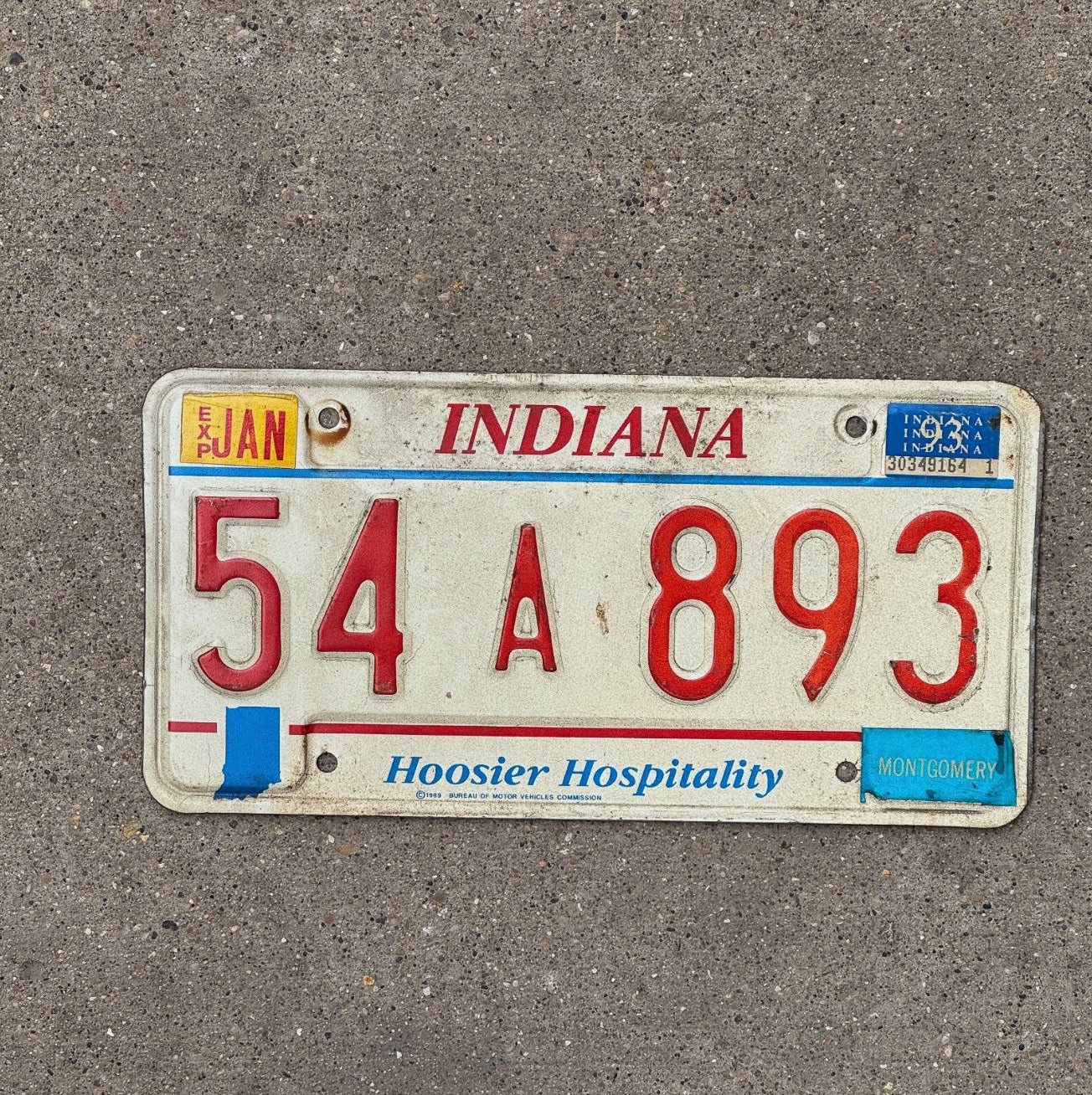 Photo of a 1993 Indiana License Plate Auto Tag Garage Decor 54 A 893